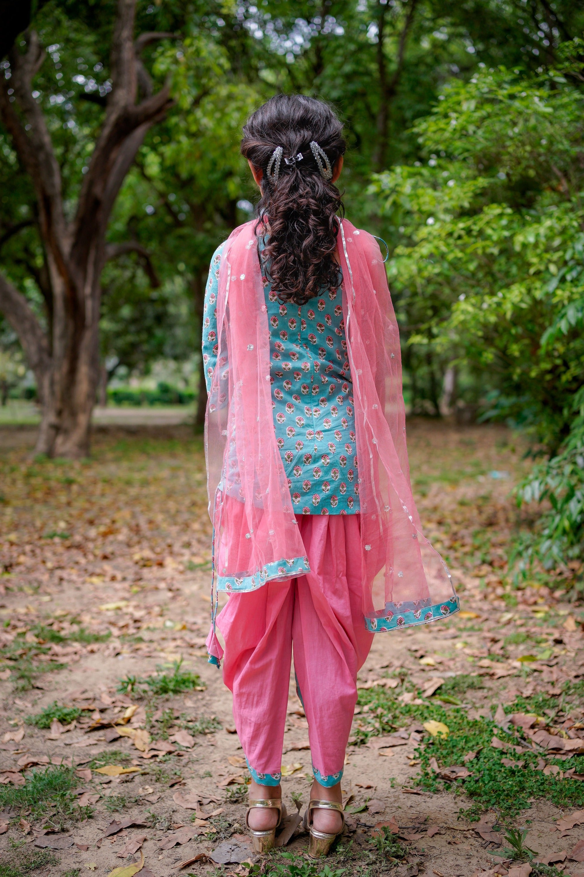 Pink & Blue Sanganeri Booti Dhoti Set