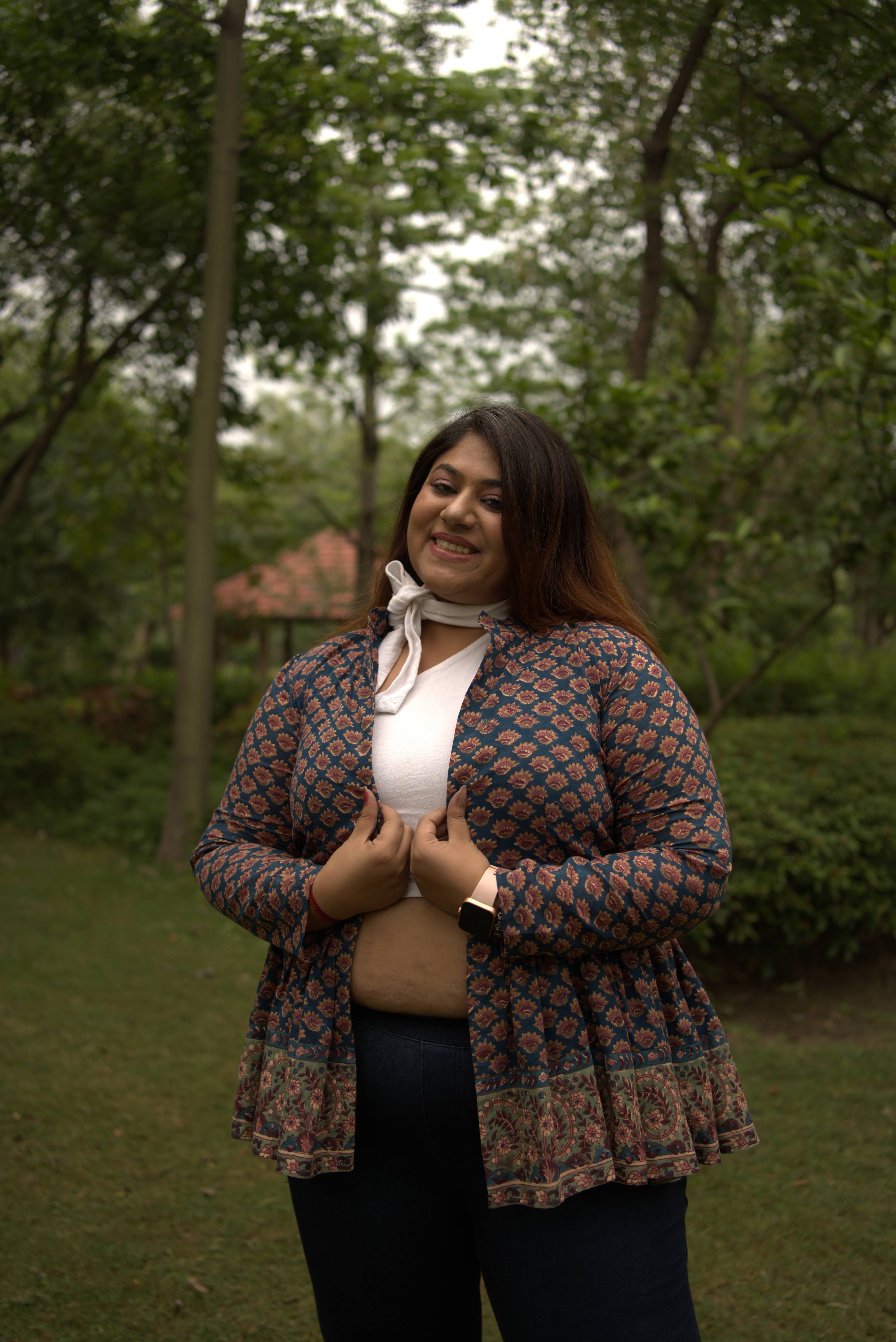 Sea green sanganeri peplum style shrug