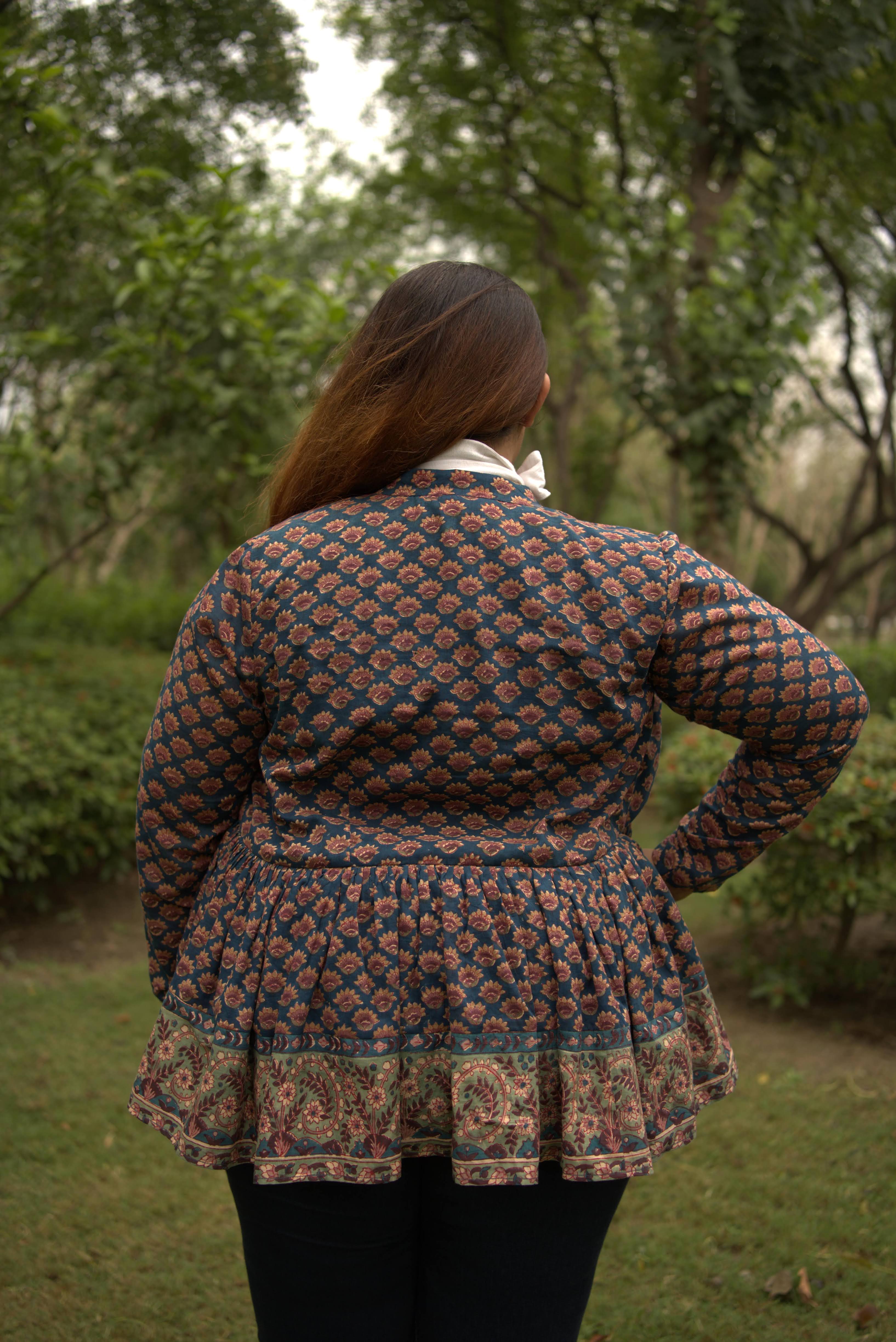 Sea green sanganeri peplum style shrug