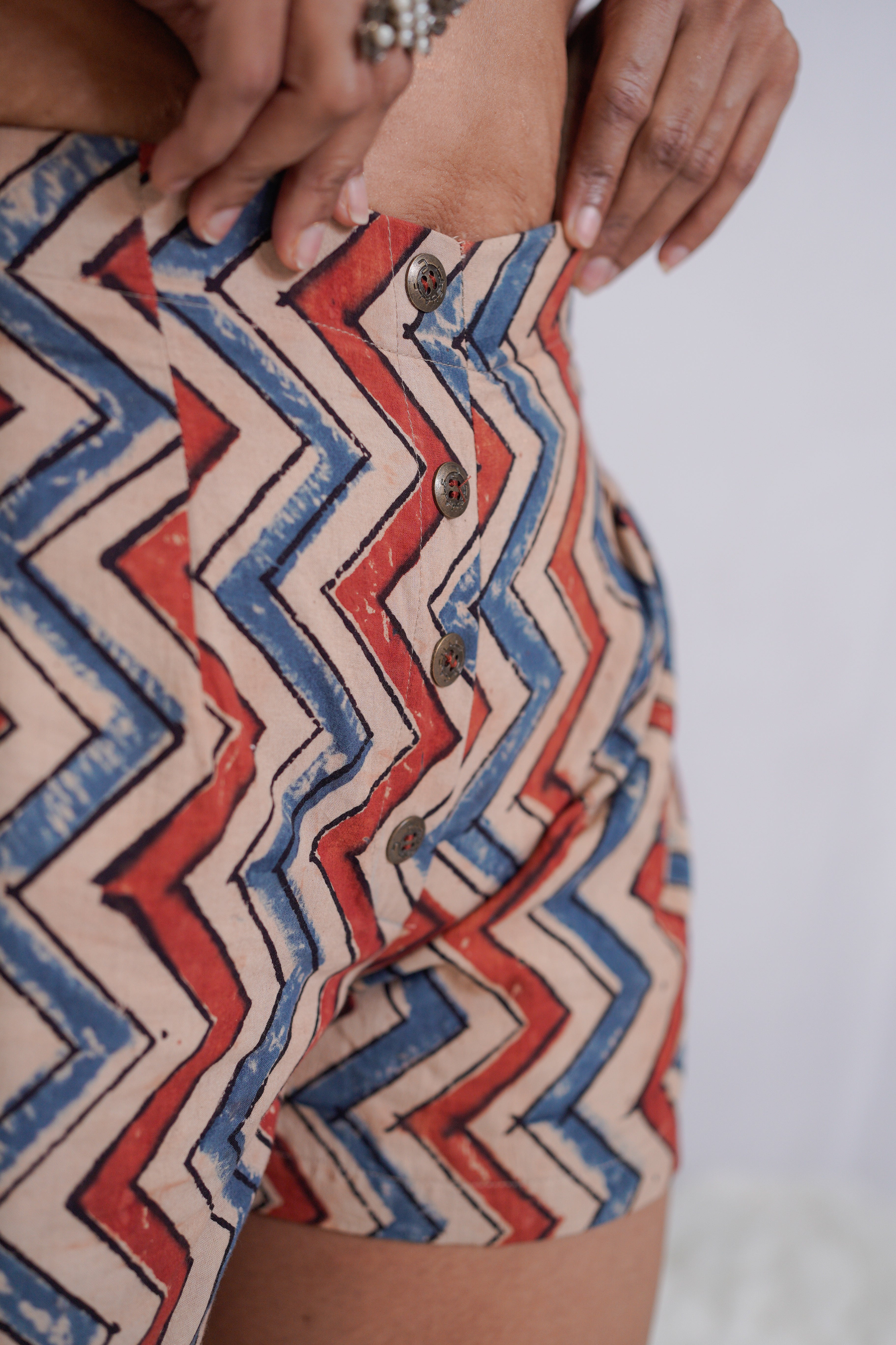 Ajrakh offwhite zig zag cotton shorts