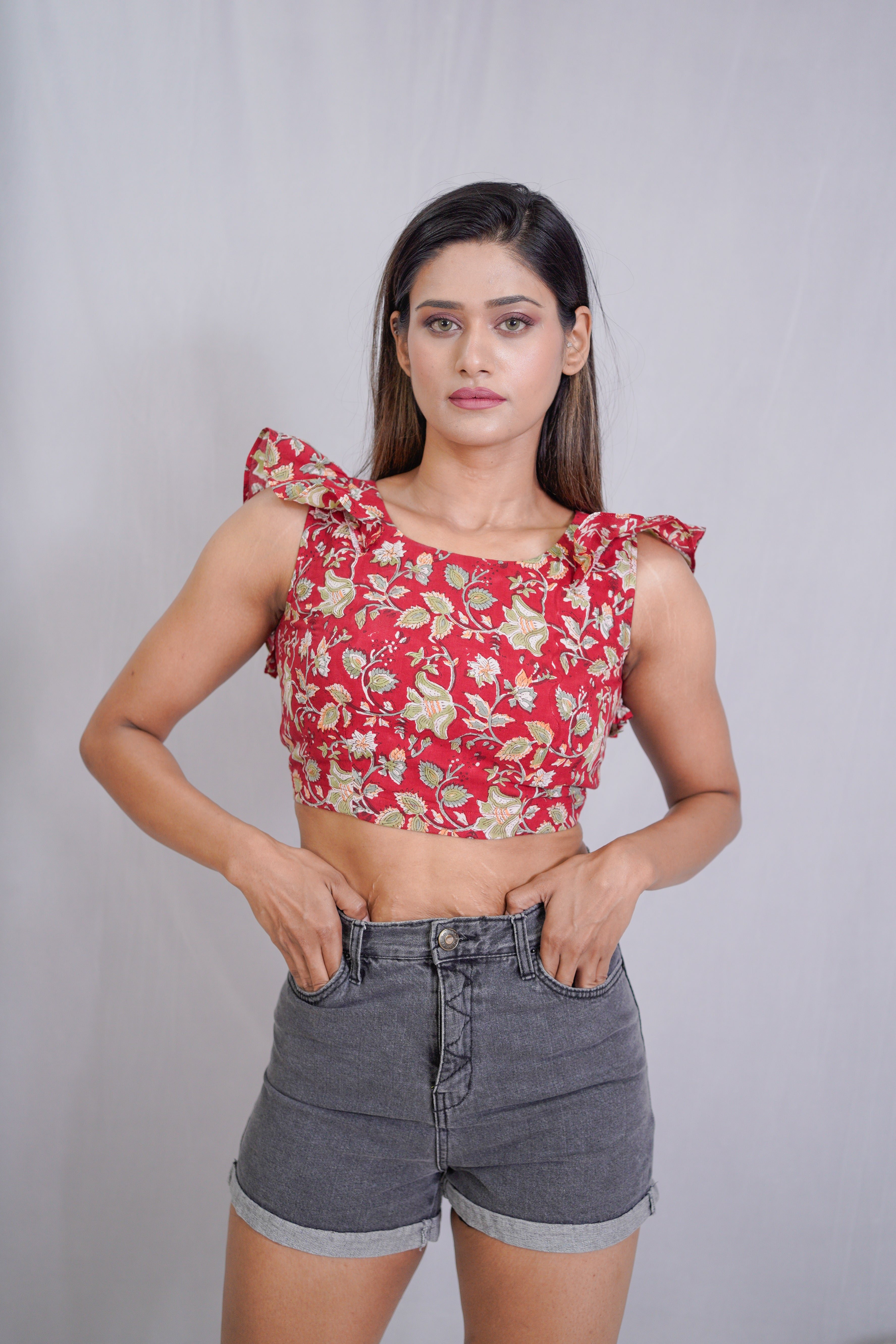 Red Sanganeri Handblock Printed Backless Crop Top