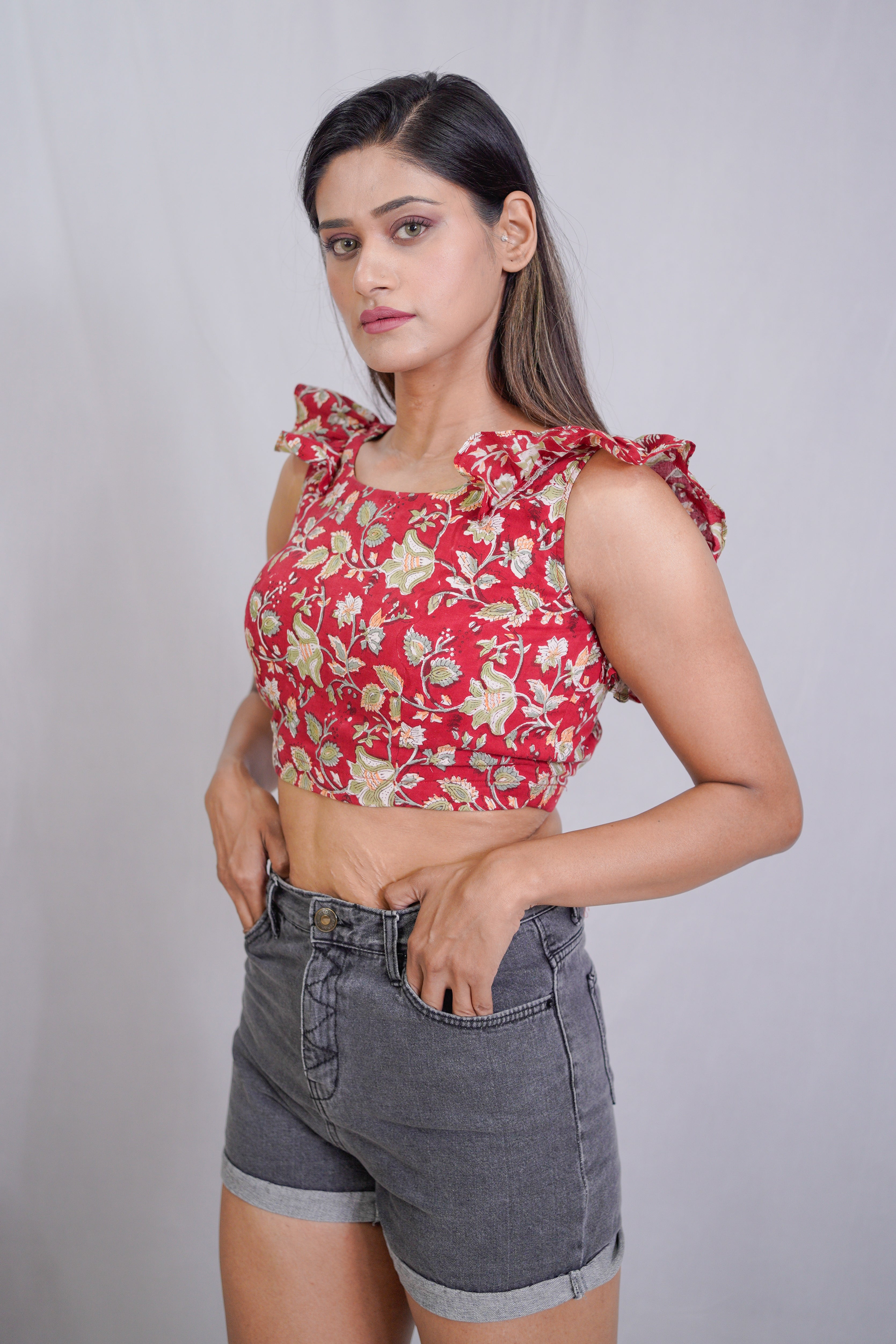 Red Sanganeri Handblock Printed Backless Crop Top