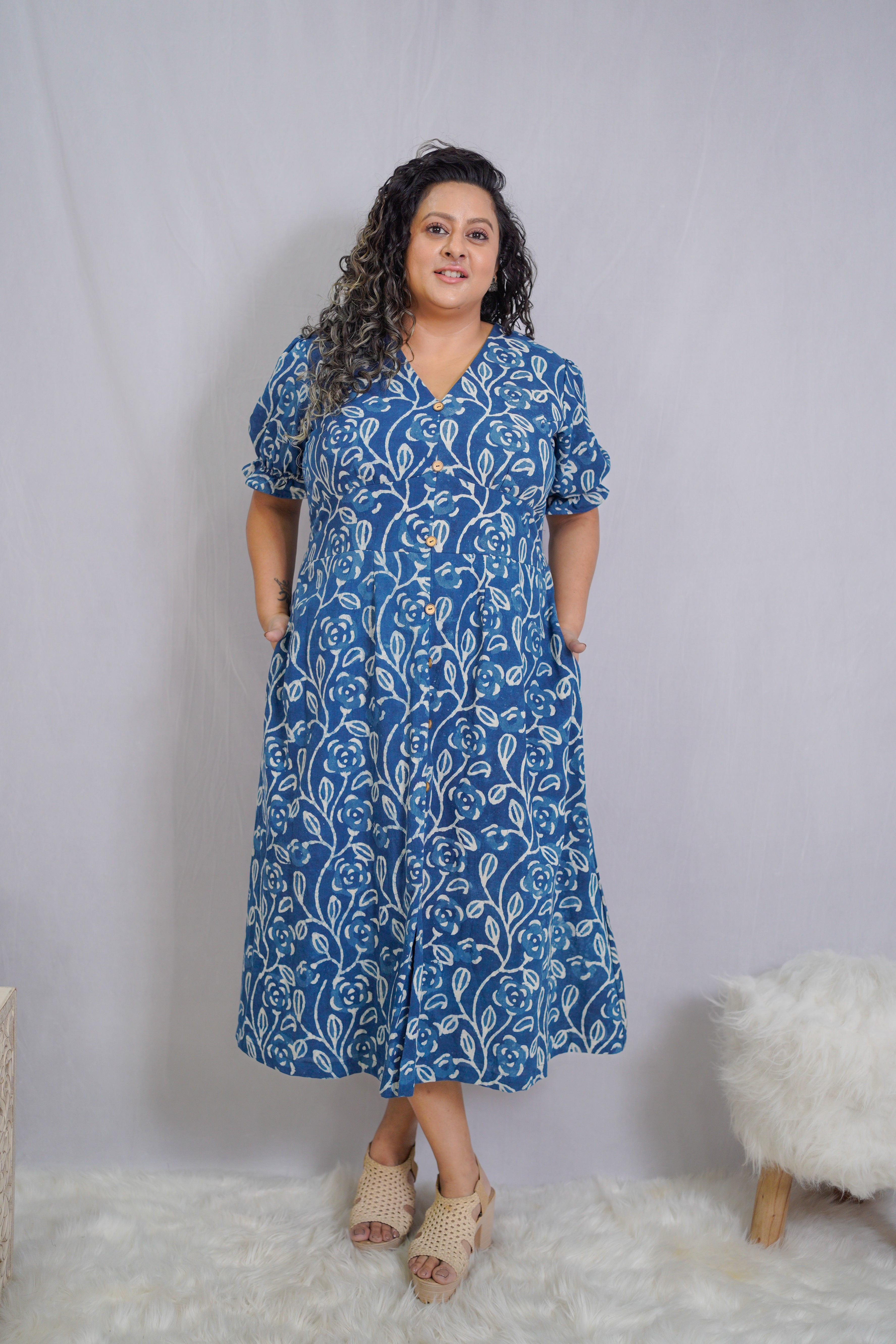 Indigo Dabu Handblock Printed Floral Slit Dress