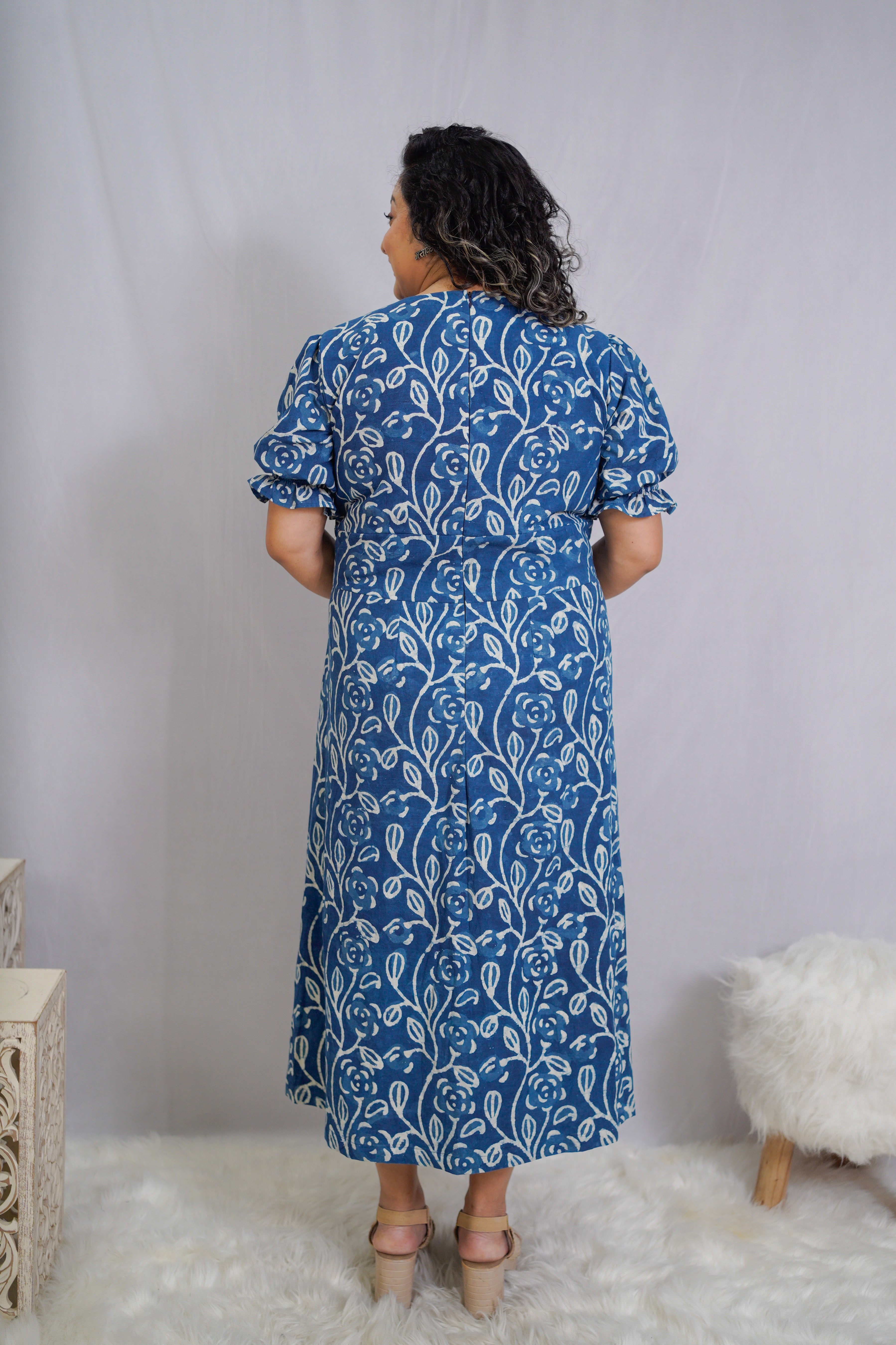 Indigo Dabu Handblock Printed Floral Slit Dress