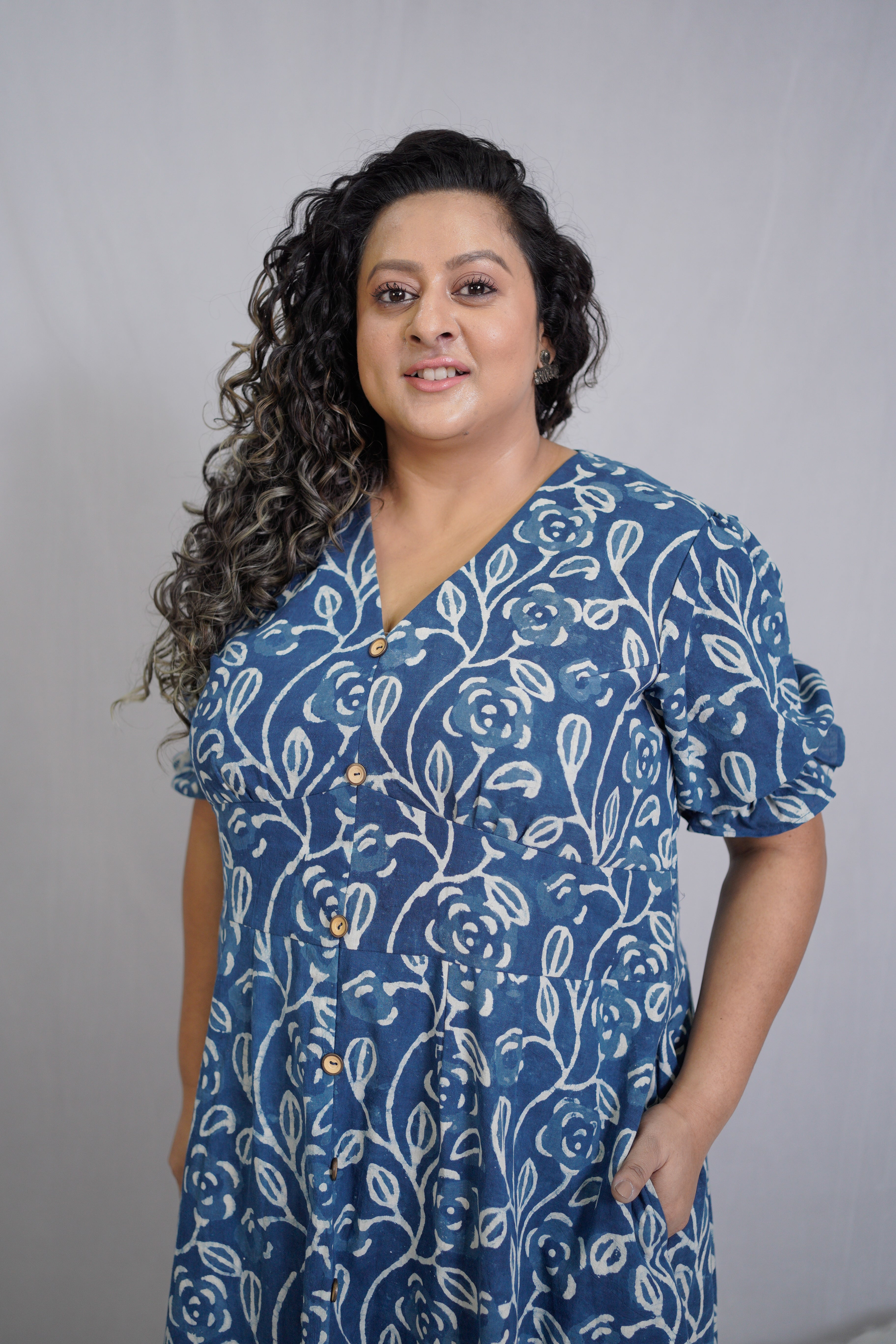 Indigo Dabu Handblock Printed Floral Slit Dress