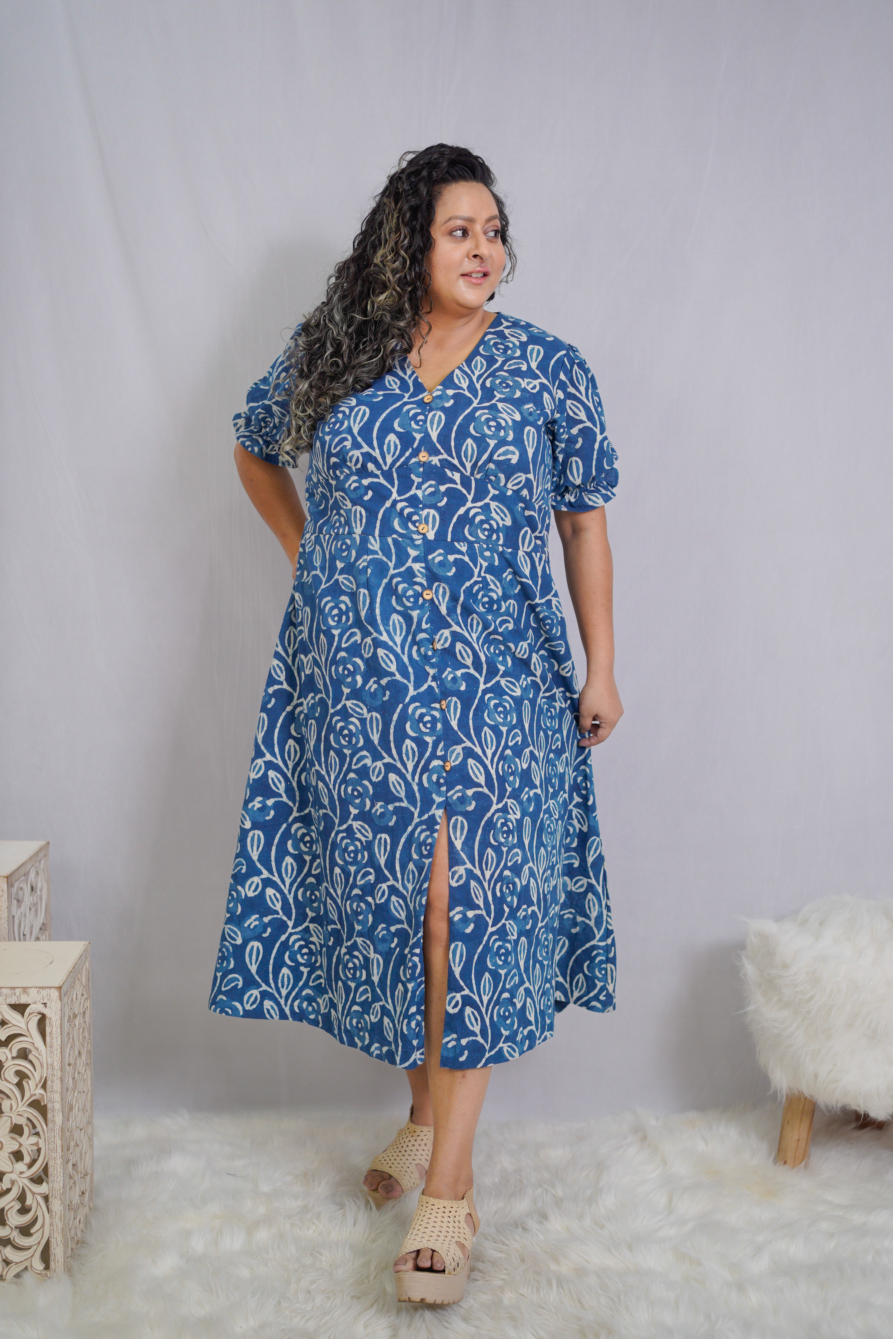 Indigo Dabu Handblock Printed Floral Slit Dress