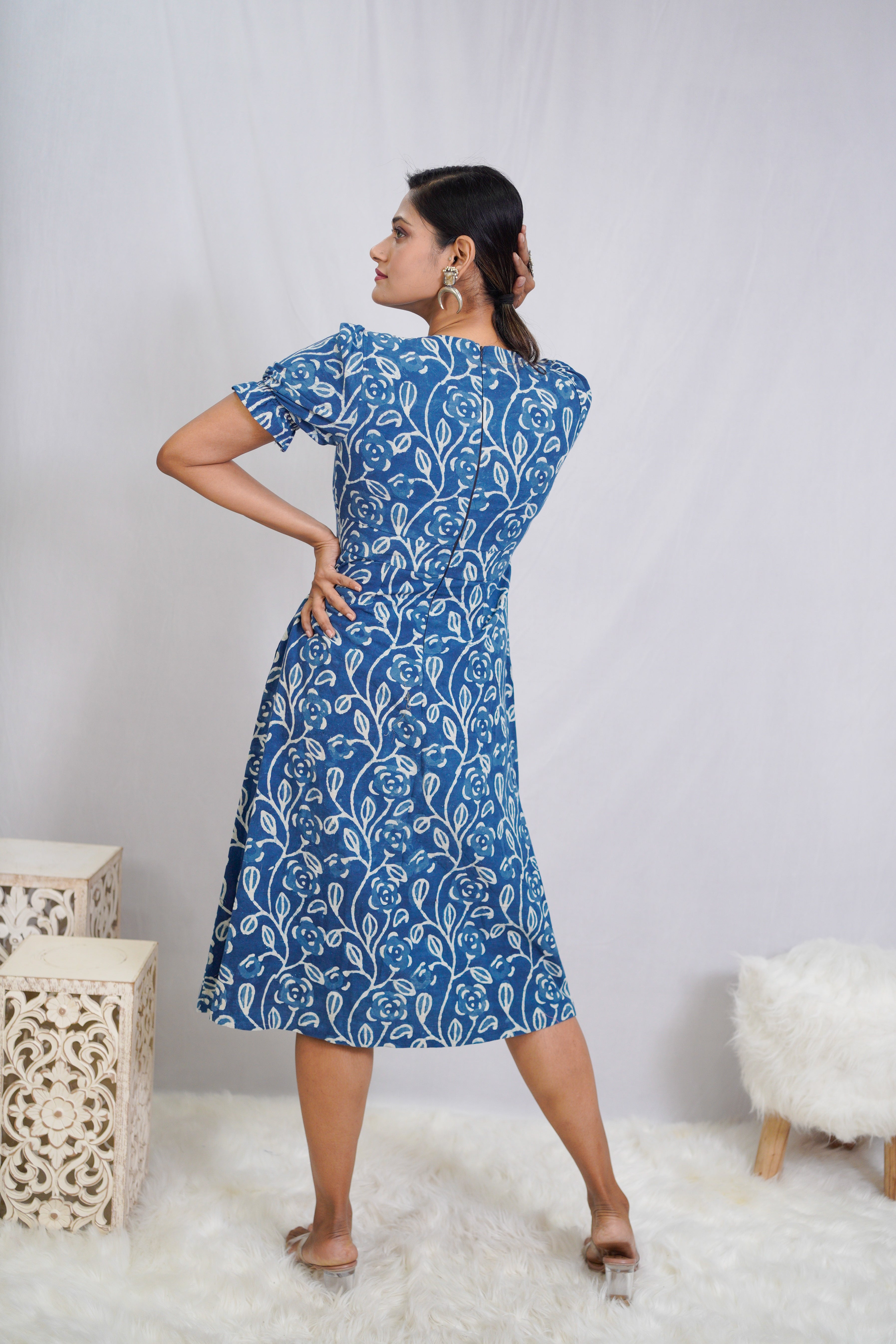Indigo Dabu Handblock Printed Floral Slit Dress