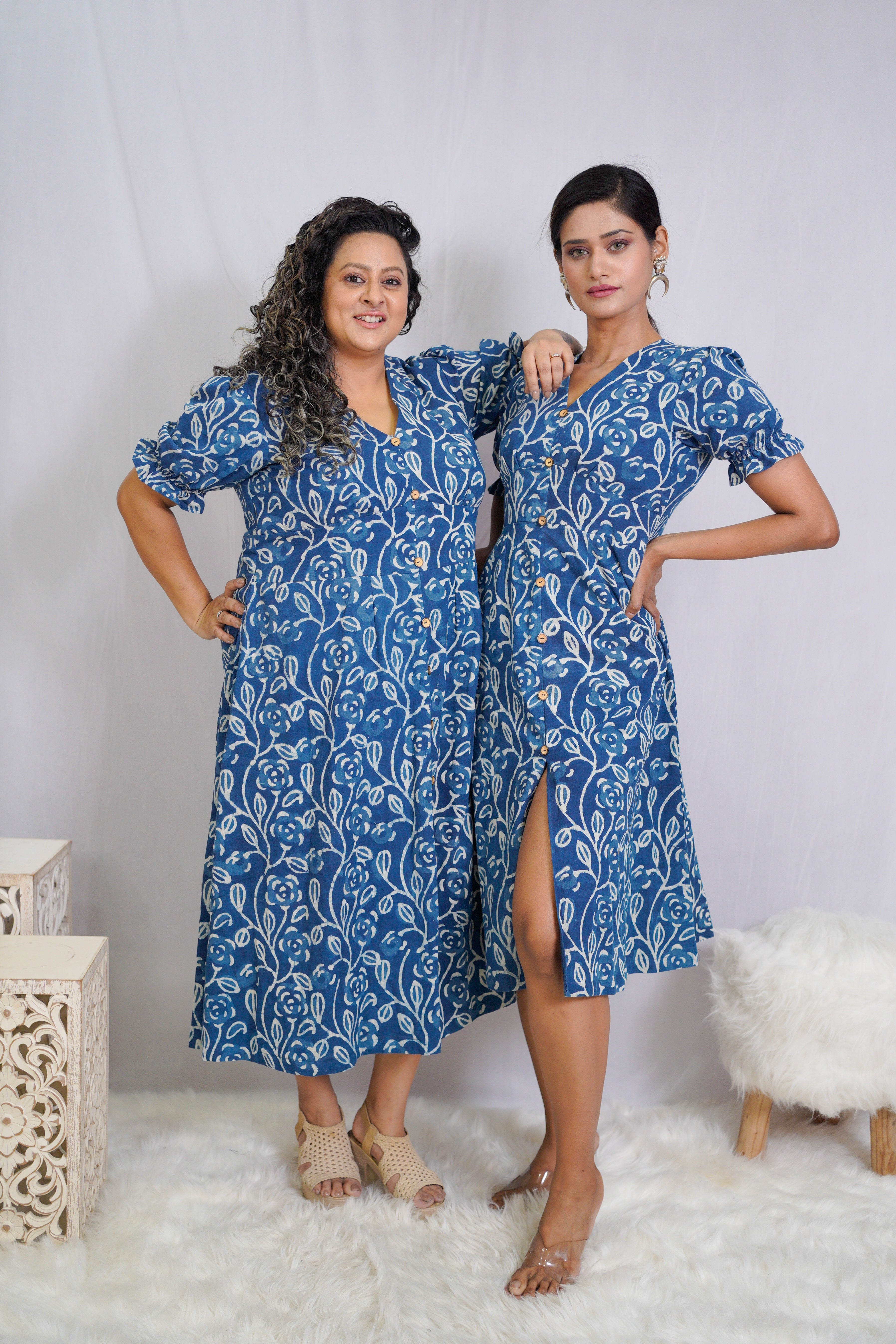 Indigo Dabu Handblock Printed Floral Slit Dress