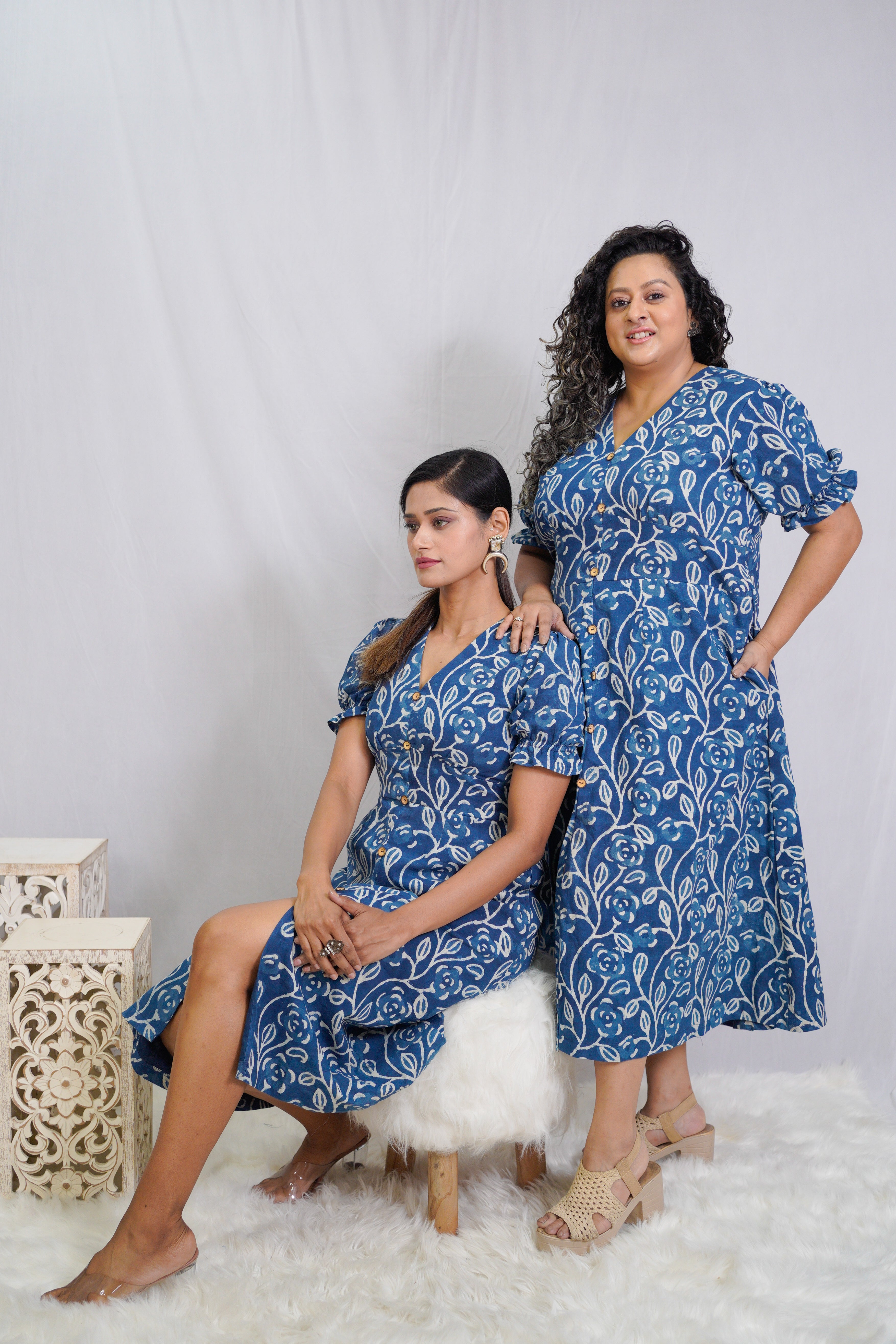 Indigo Dabu Handblock Printed Floral Slit Dress