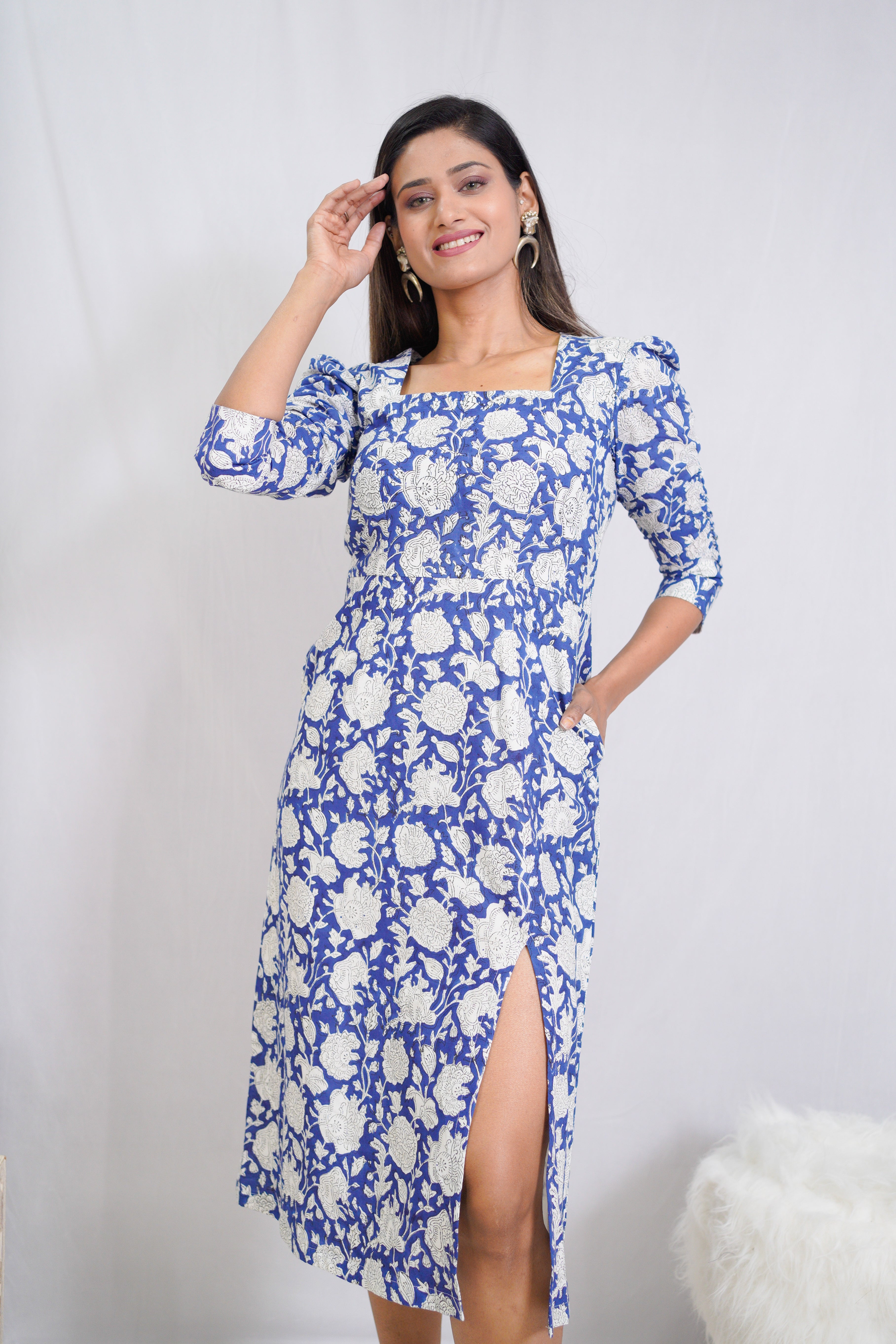 Blue Sanganeri Handblock Printed Slit Style Cotton Dress