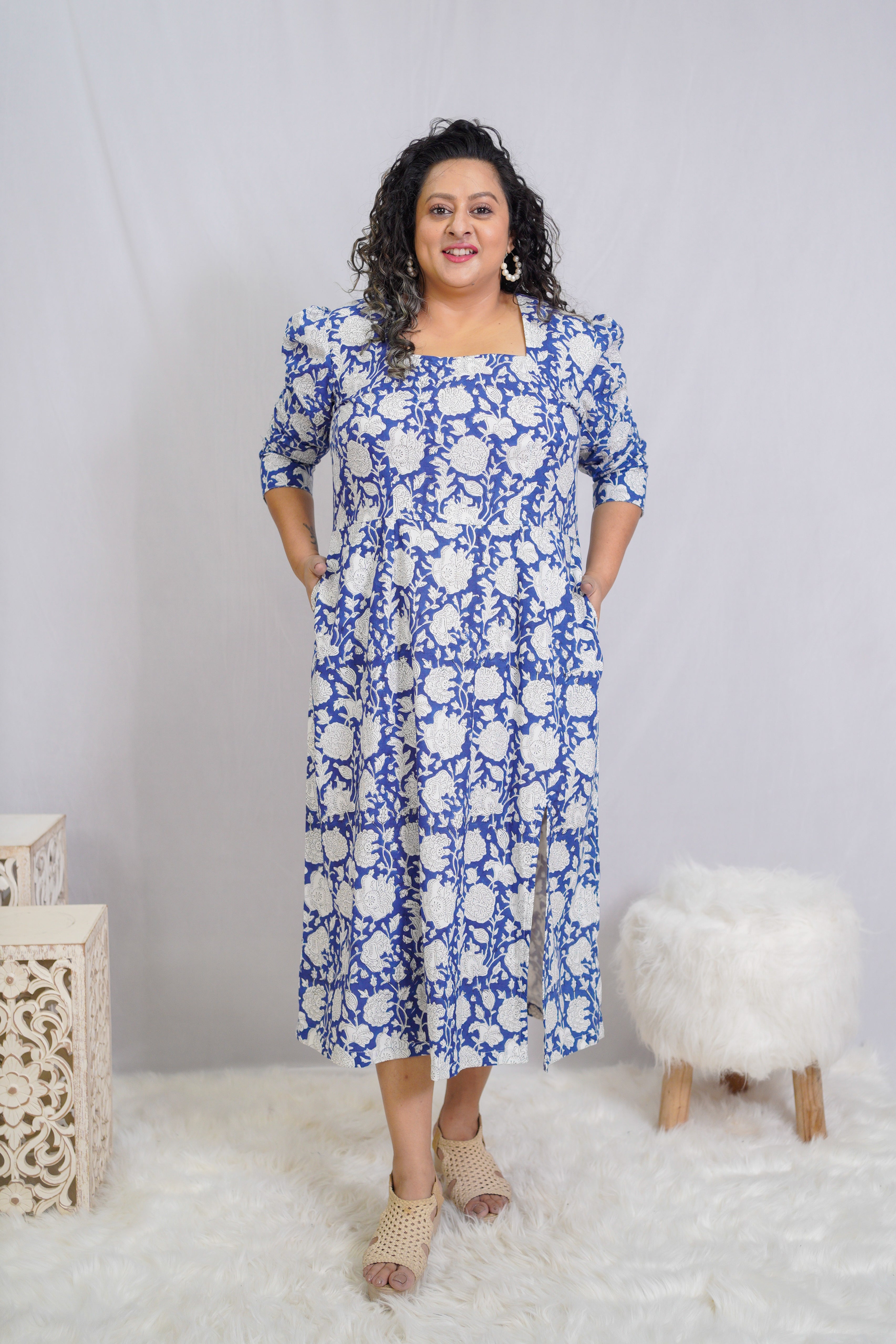 Blue Sanganeri Handblock Printed Slit Style Cotton Dress