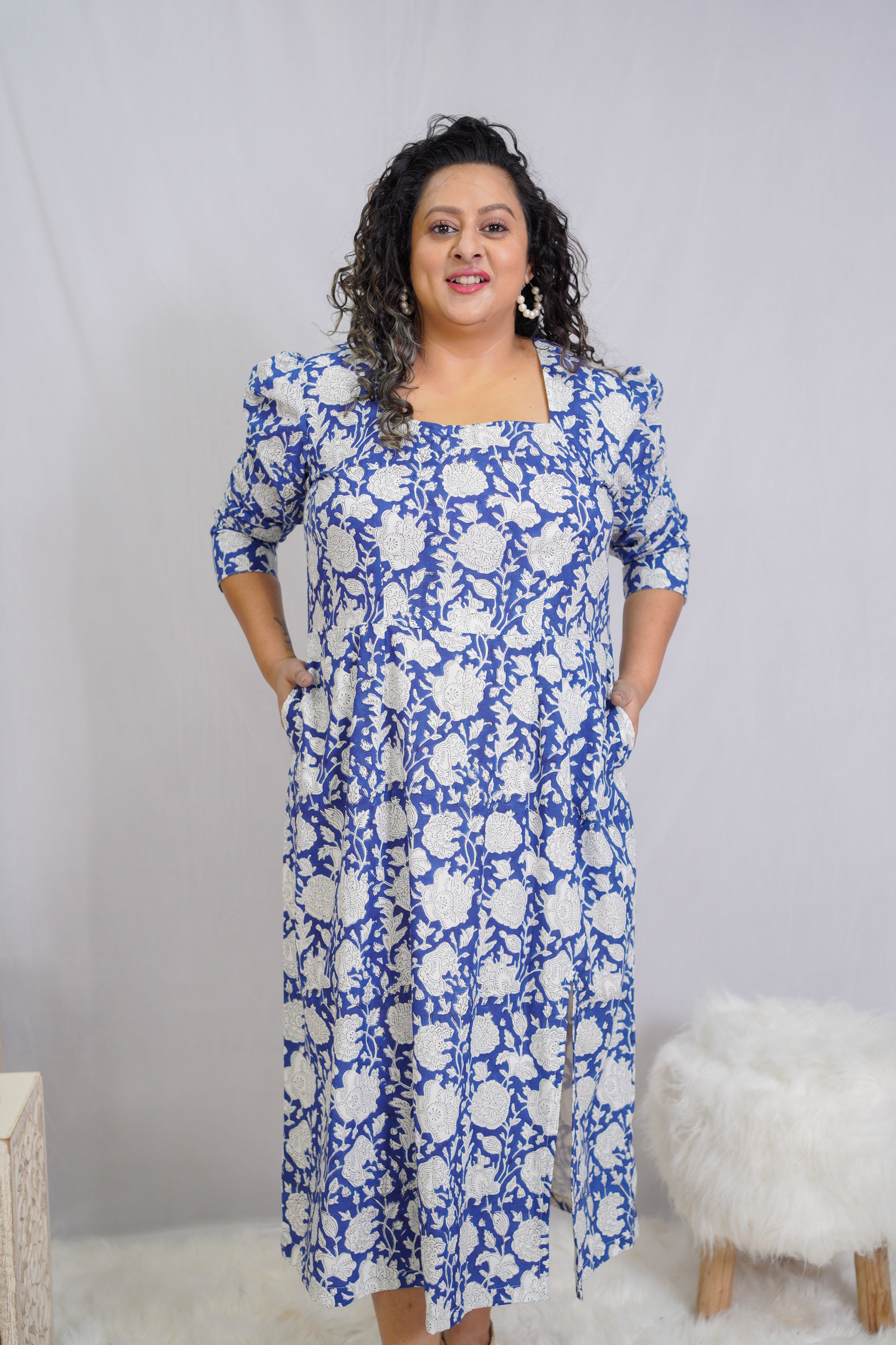 Blue Sanganeri Handblock Printed Slit Style Cotton Dress