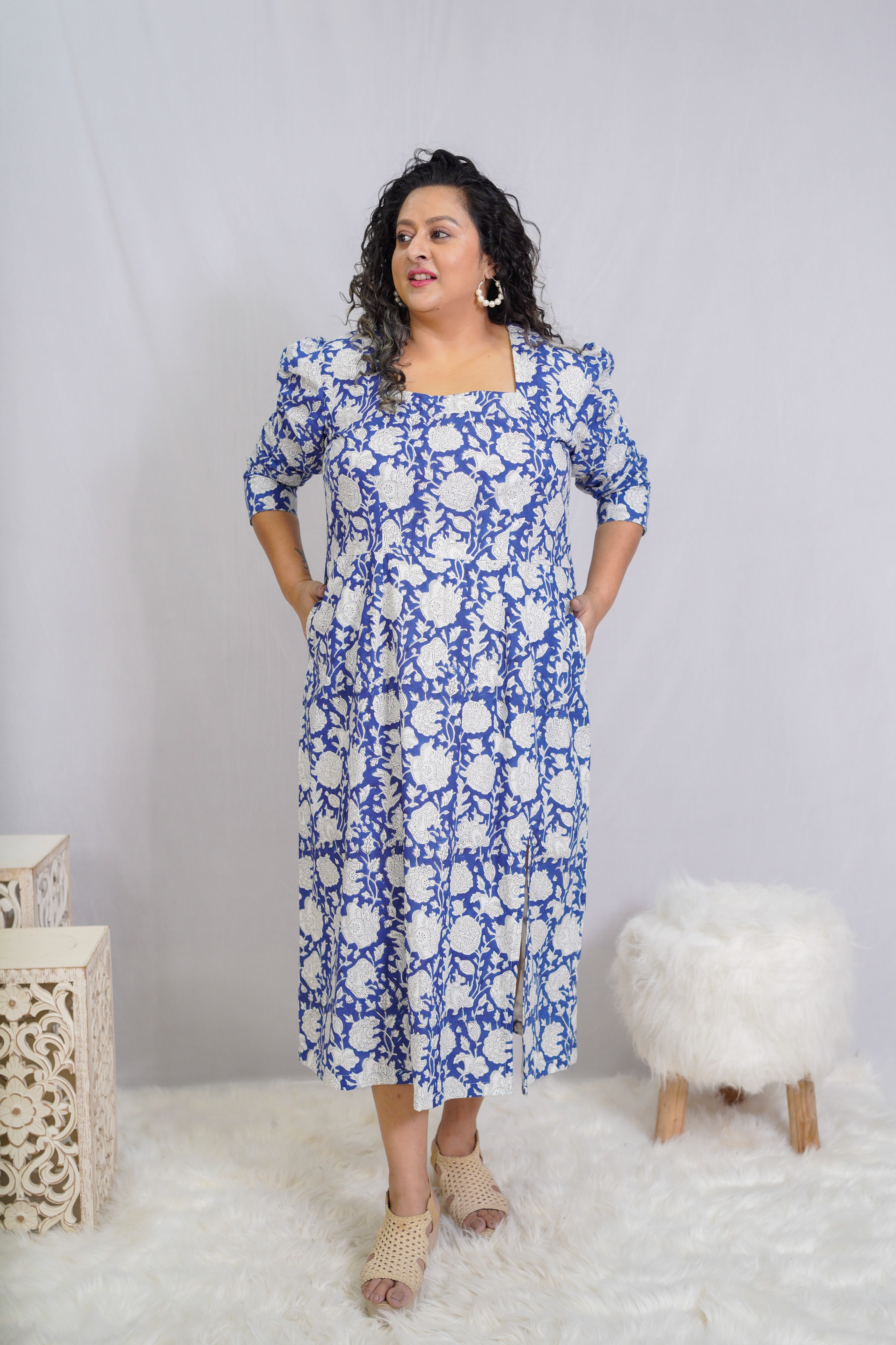 Blue Sanganeri Handblock Printed Slit Style Cotton Dress