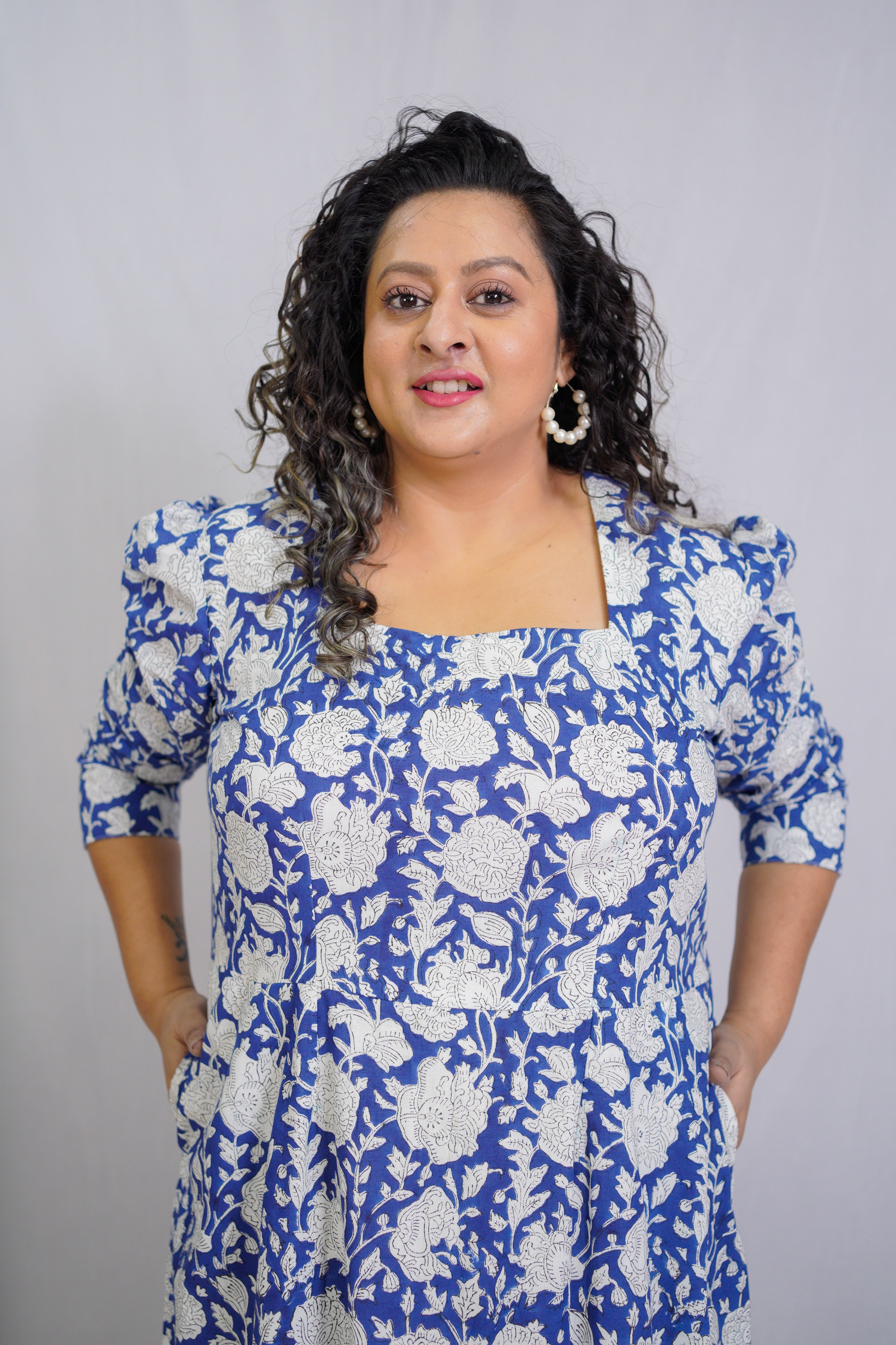 Blue Sanganeri Handblock Printed Slit Style Cotton Dress