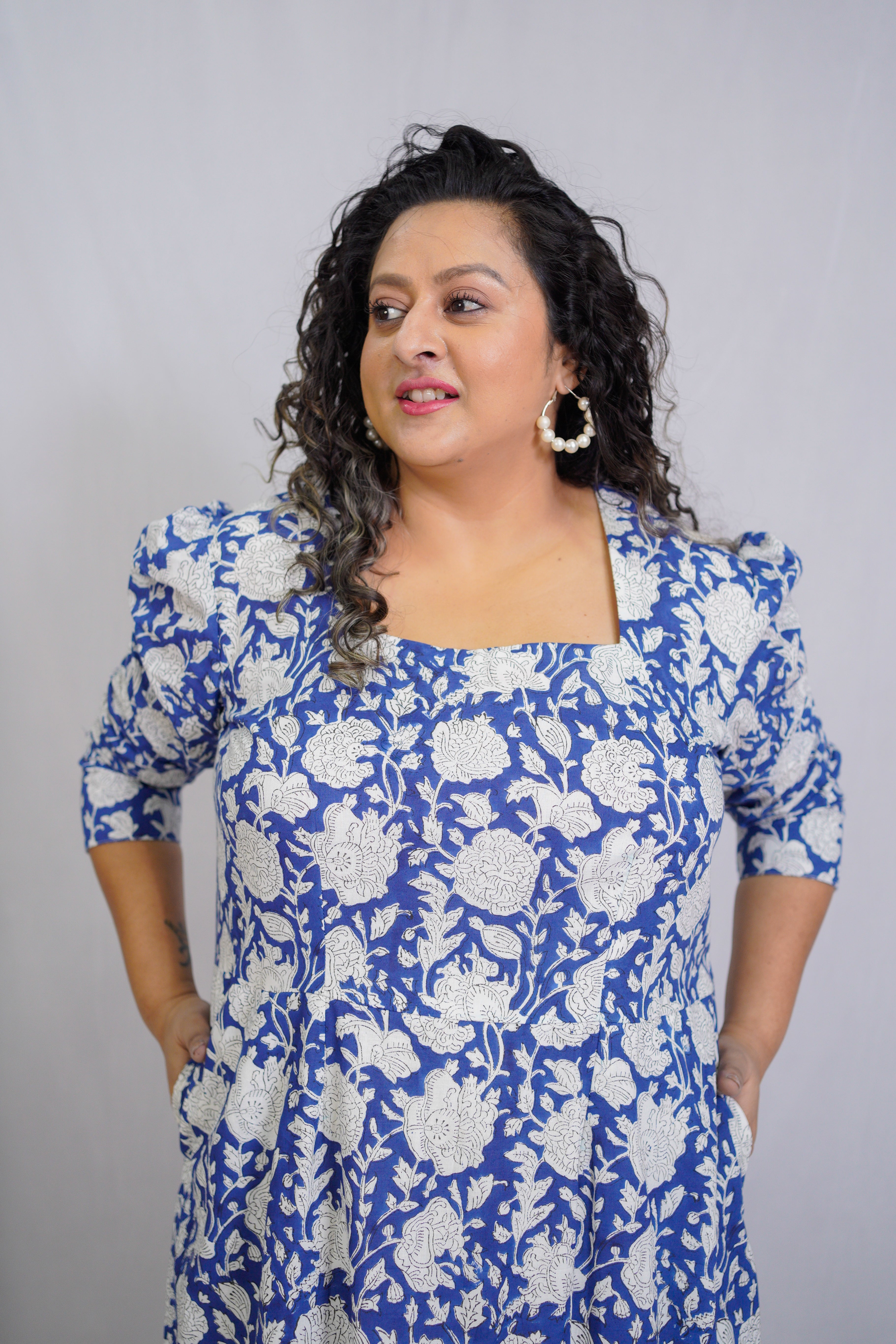 Blue Sanganeri Handblock Printed Slit Style Cotton Dress
