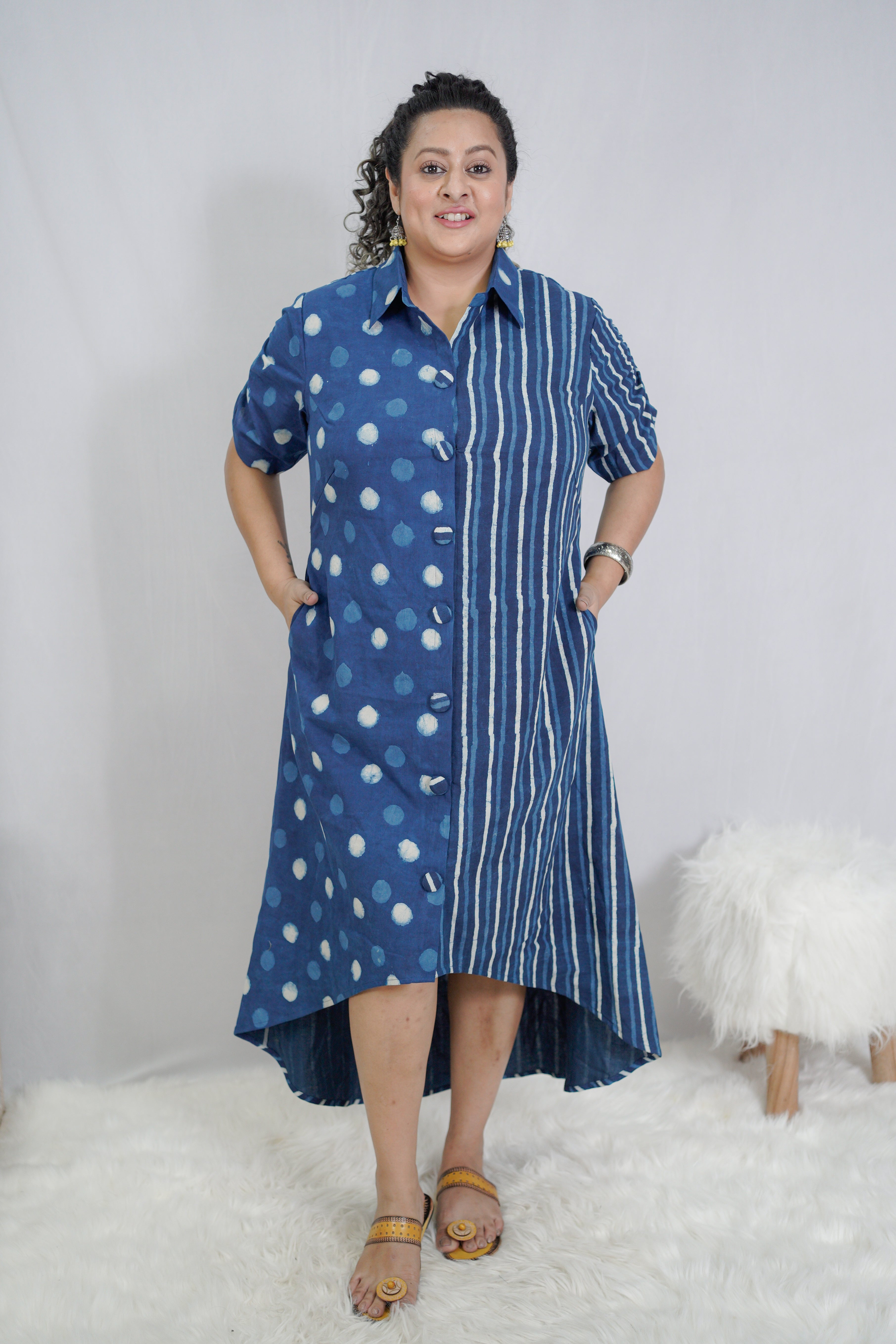 Indigo Dabu Handblock Printed Polka Dots & Stripe Cotton Dress