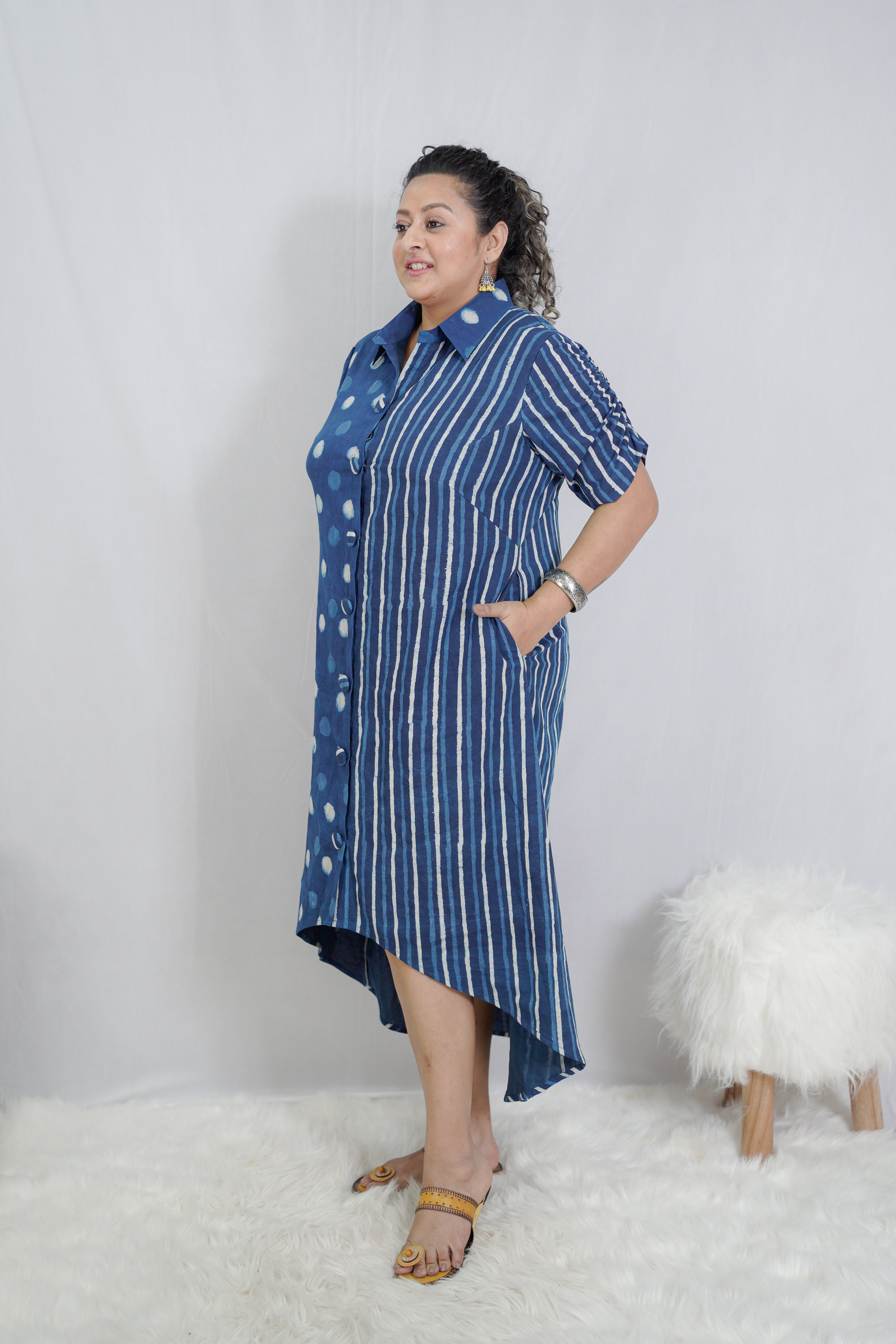 Indigo Dabu Handblock Printed Polka Dots & Stripe Cotton Dress