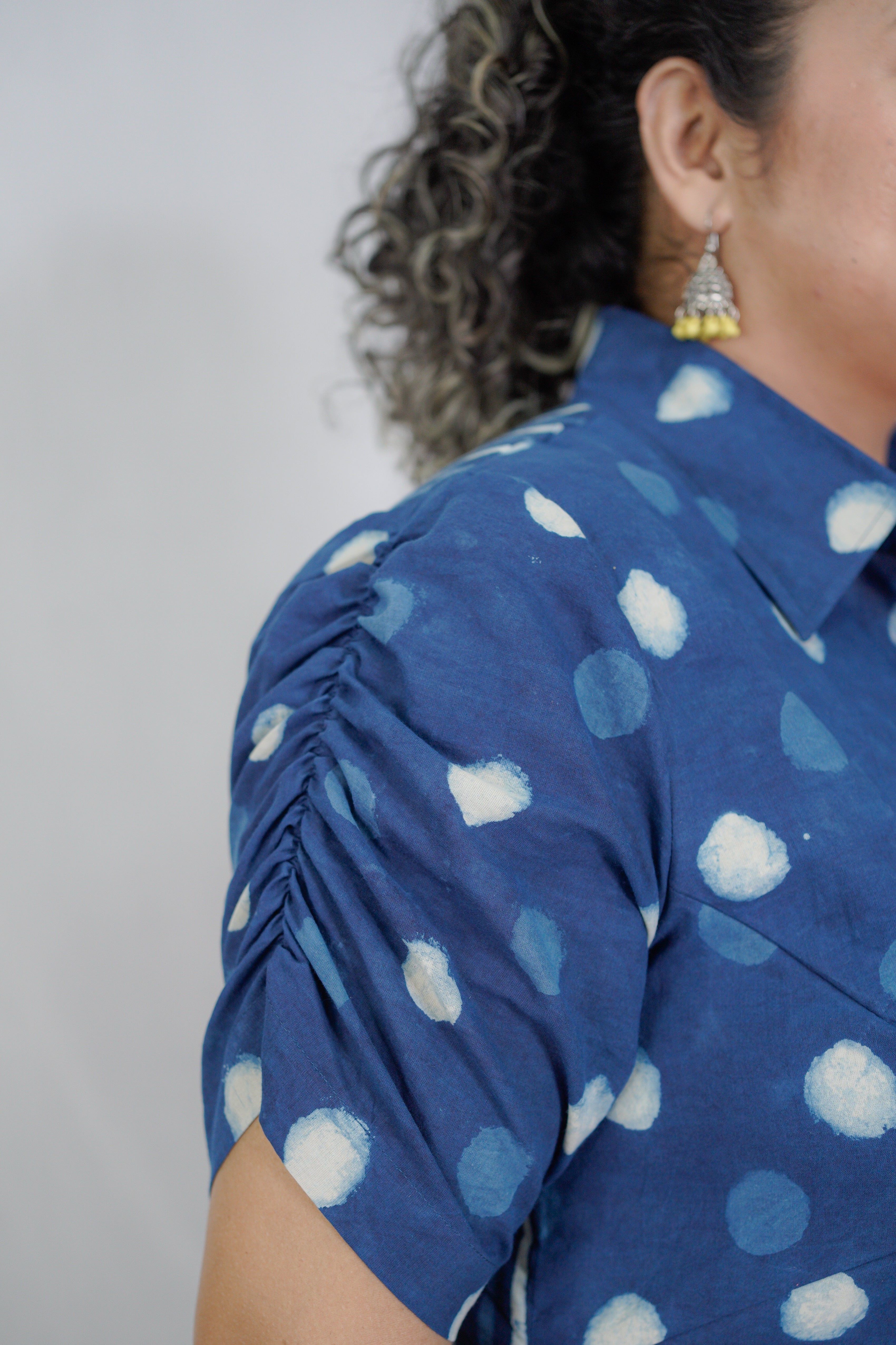 Indigo Dabu Handblock Printed Polka Dots & Stripe Cotton Dress
