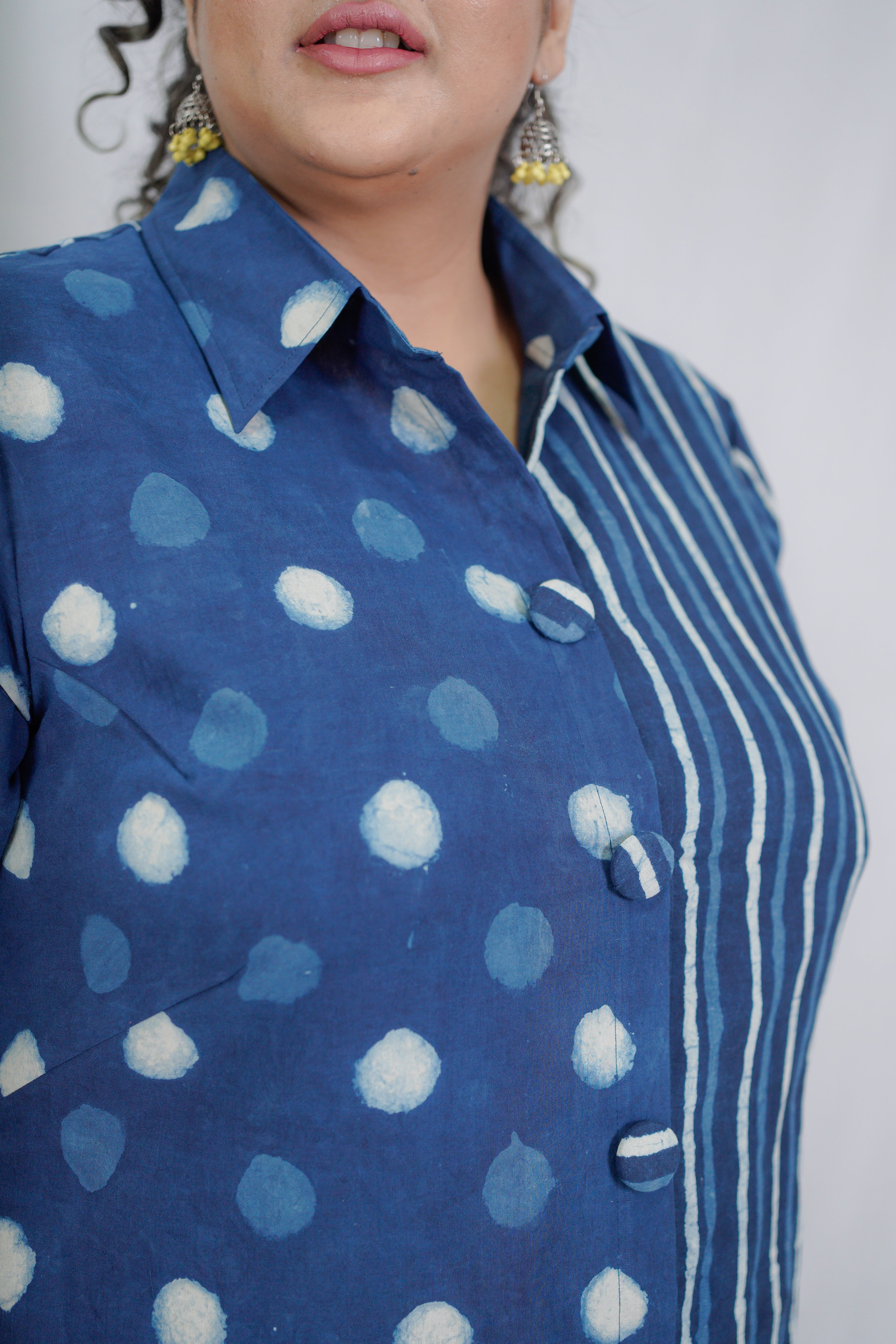 Indigo Dabu Handblock Printed Polka Dots & Stripe Cotton Dress