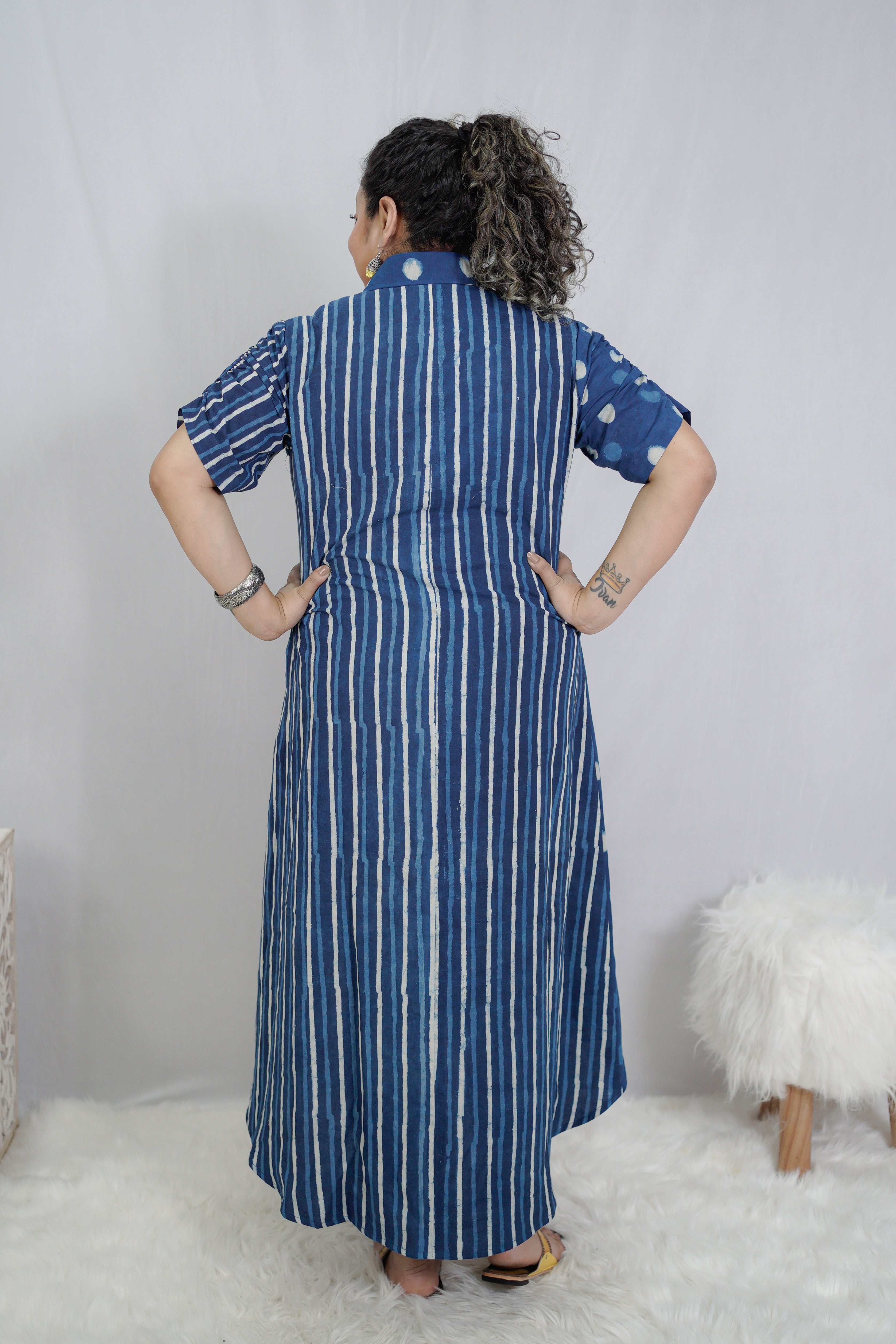 Indigo Dabu Handblock Printed Polka Dots & Stripe Cotton Dress
