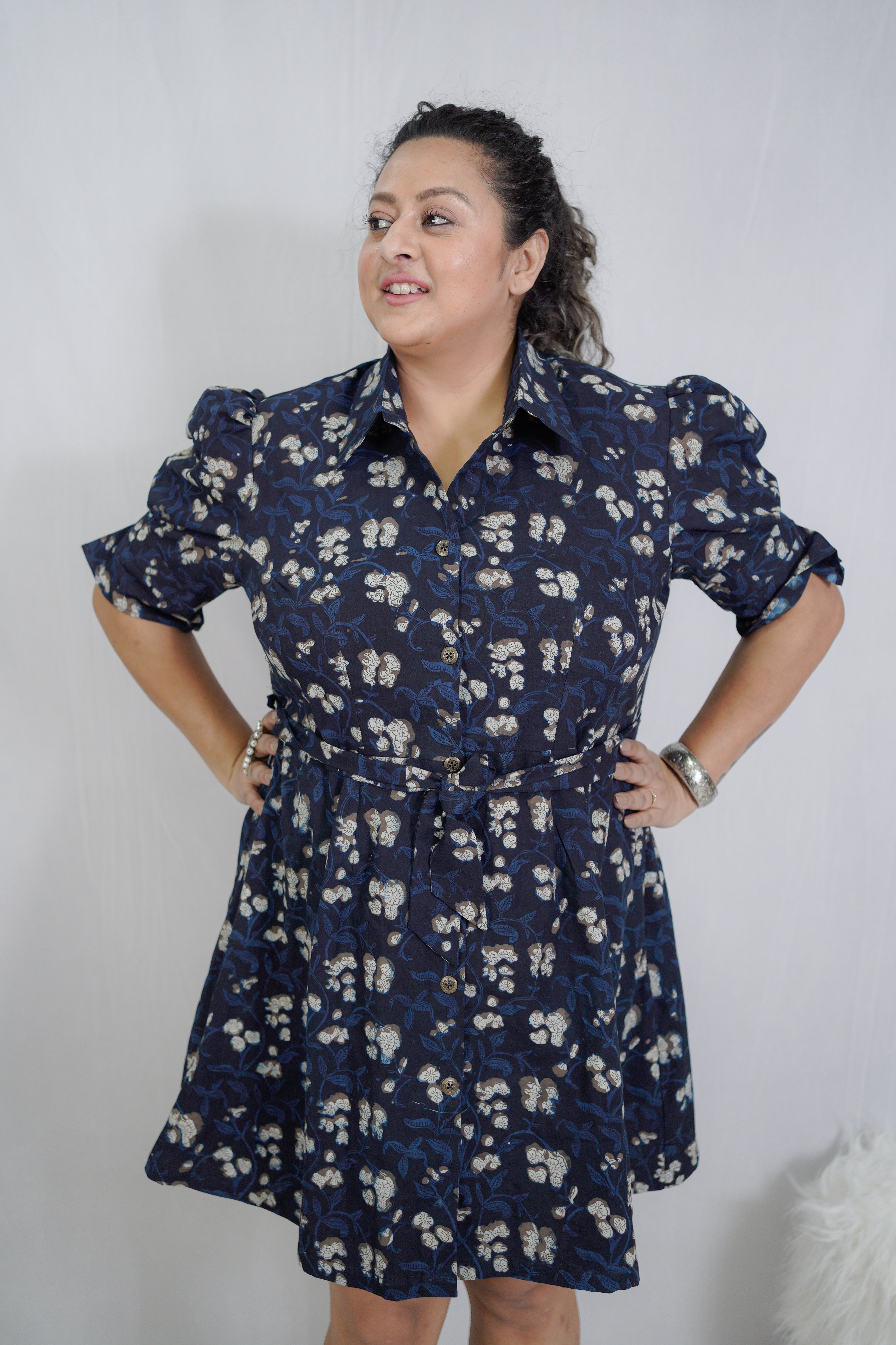 Dark Bue Bagru Handblock Printed Shirt Style Dress