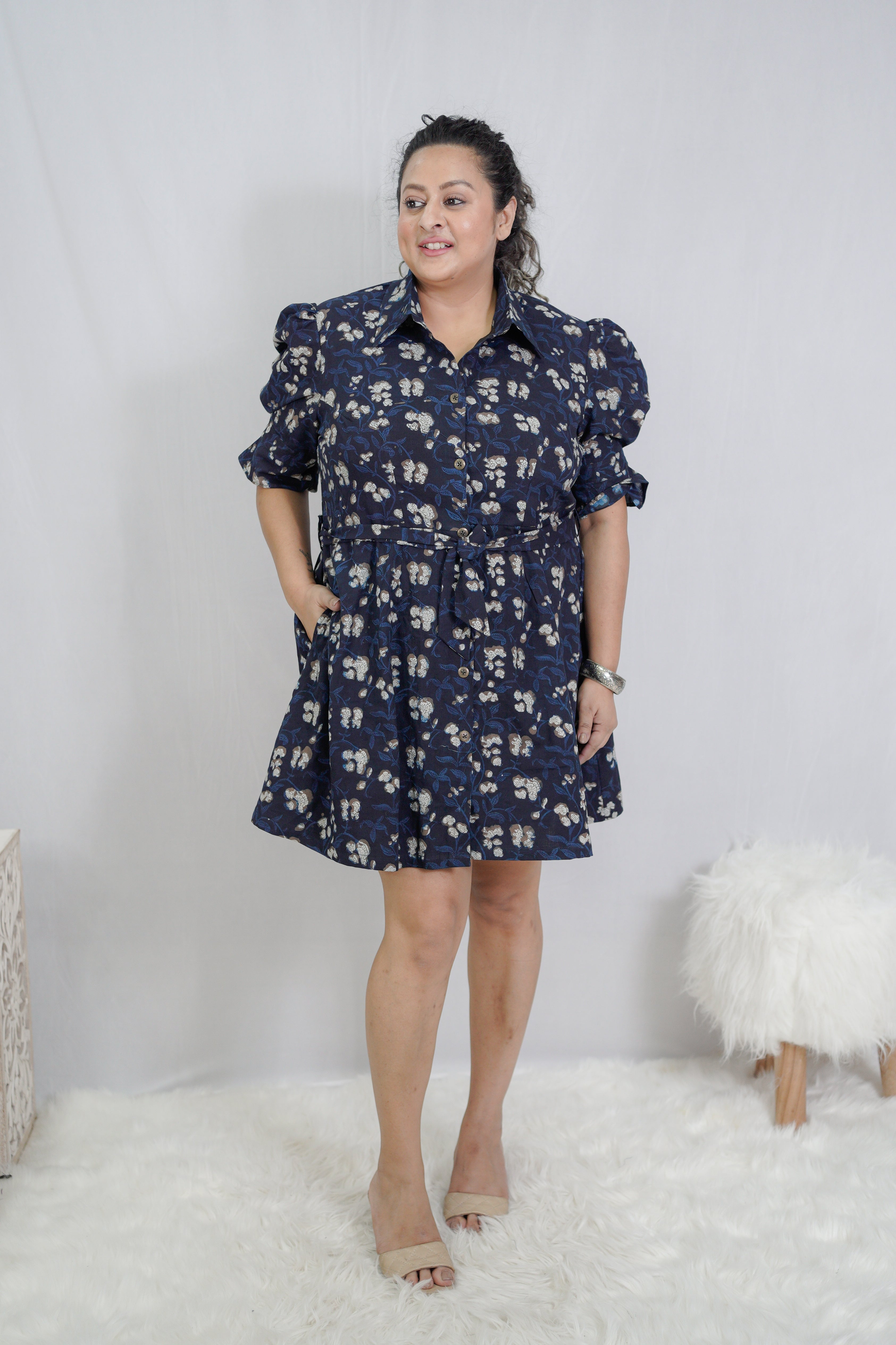 Dark Bue Bagru Handblock Printed Shirt Style Dress