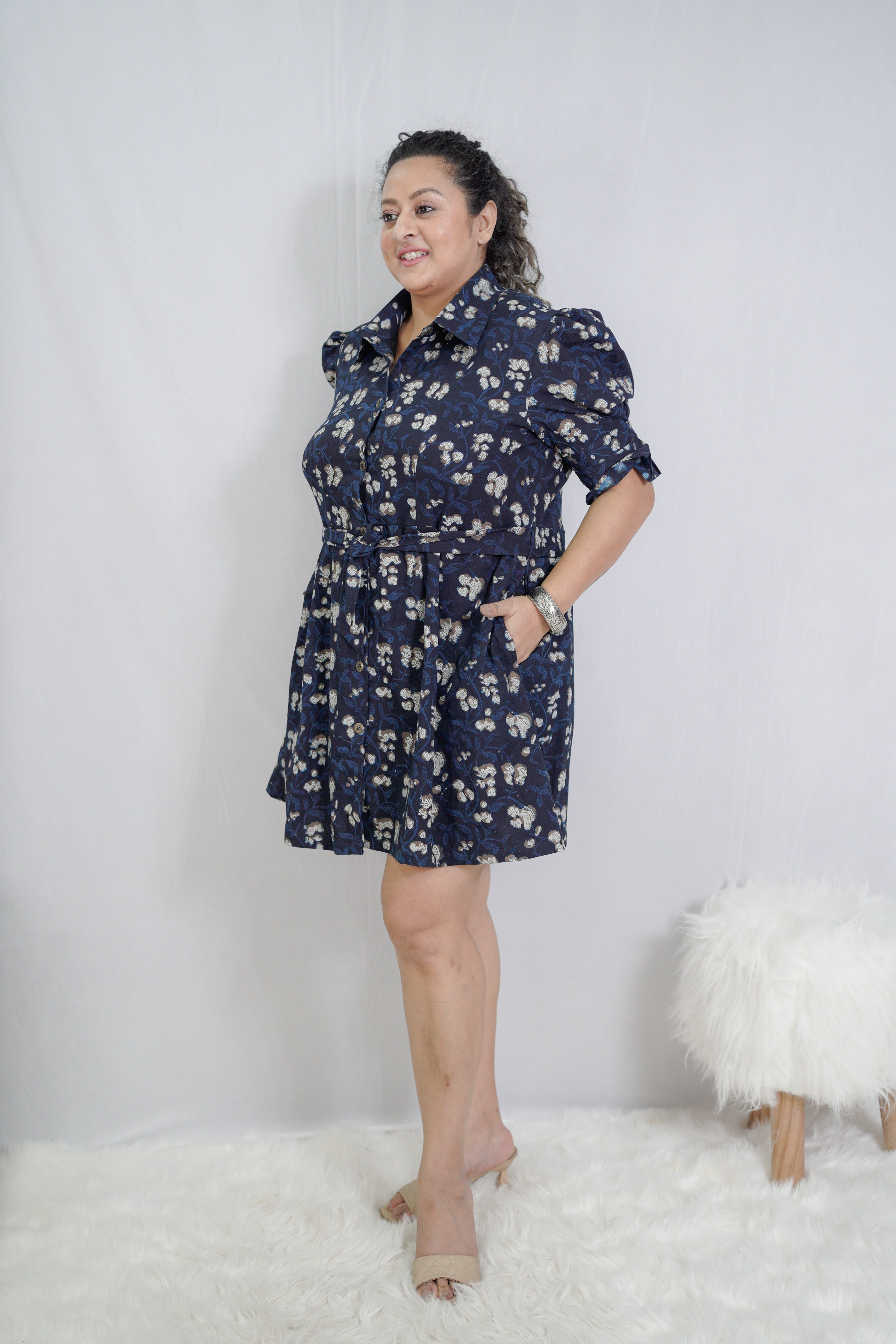 Dark Bue Bagru Handblock Printed Shirt Style Dress
