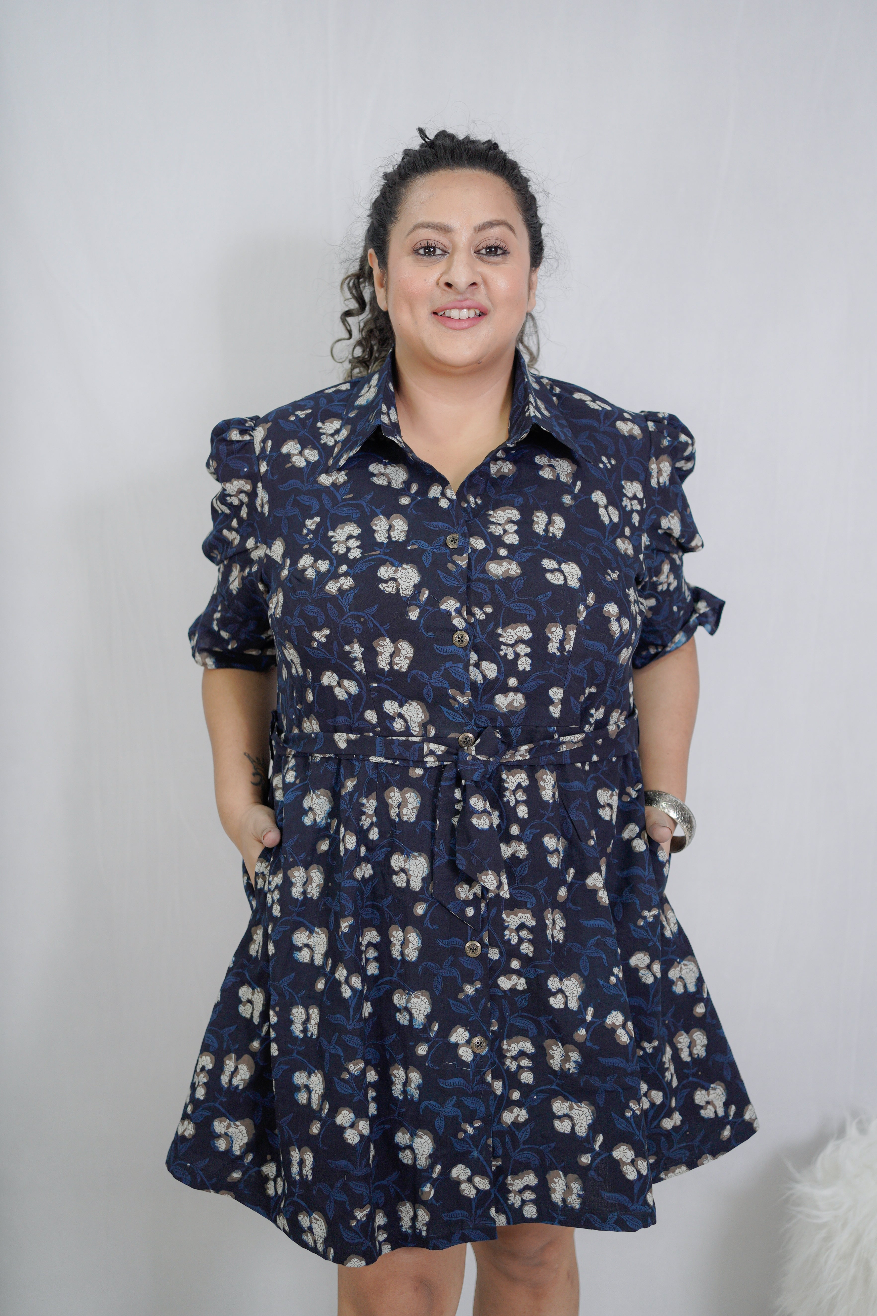 Dark Bue Bagru Handblock Printed Shirt Style Dress