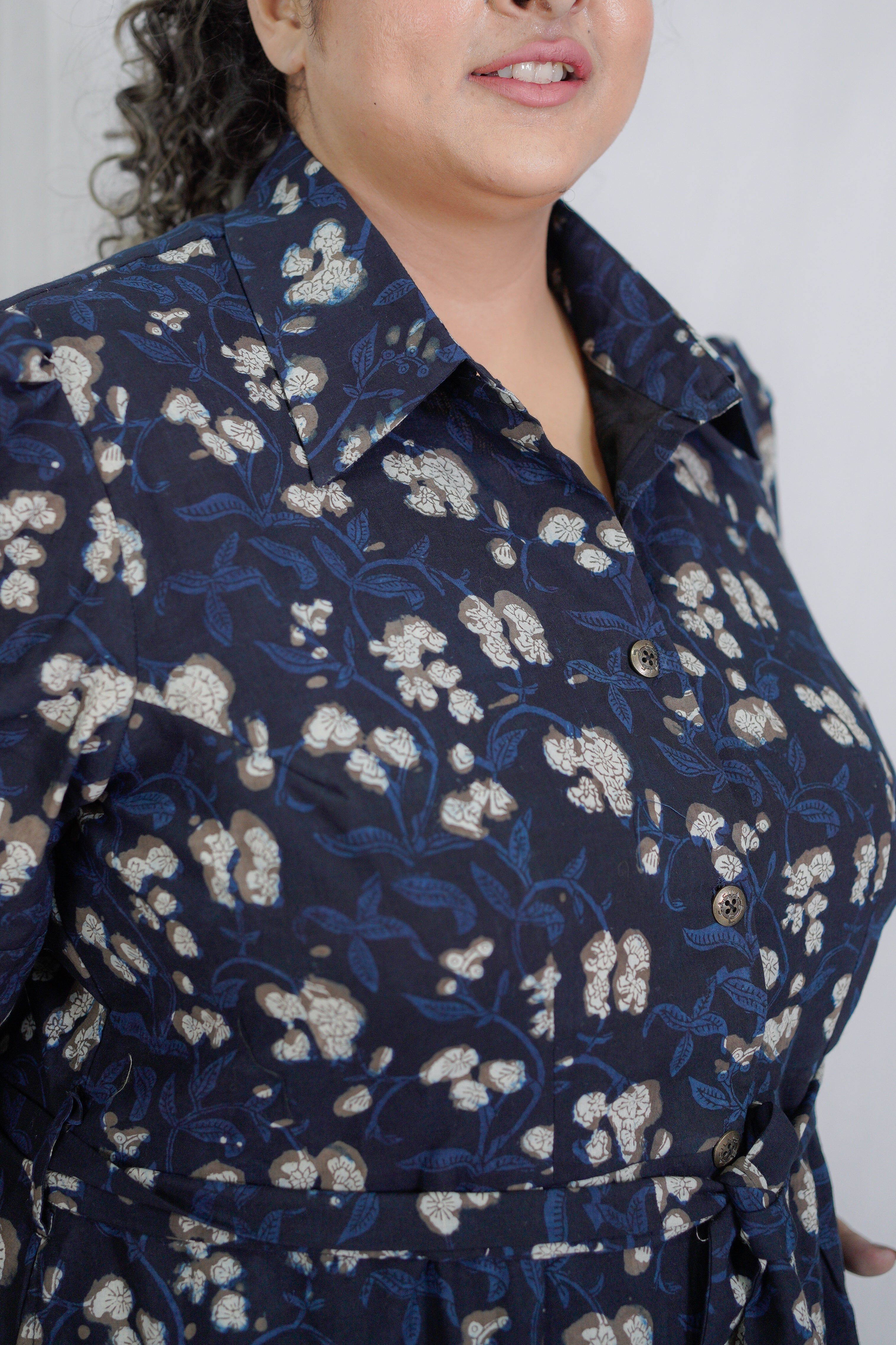 Dark Bue Bagru Handblock Printed Shirt Style Dress