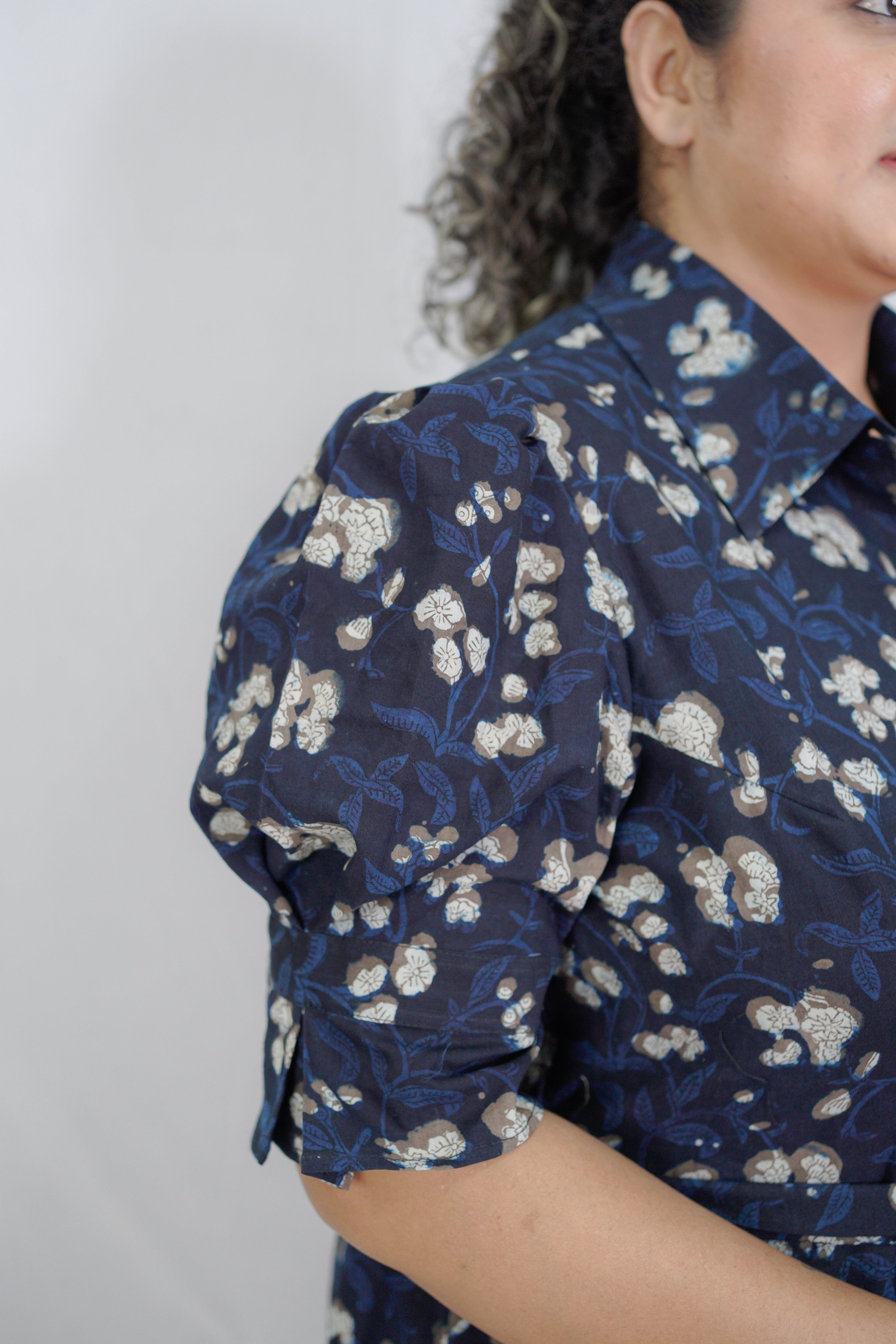 Dark Bue Bagru Handblock Printed Shirt Style Dress
