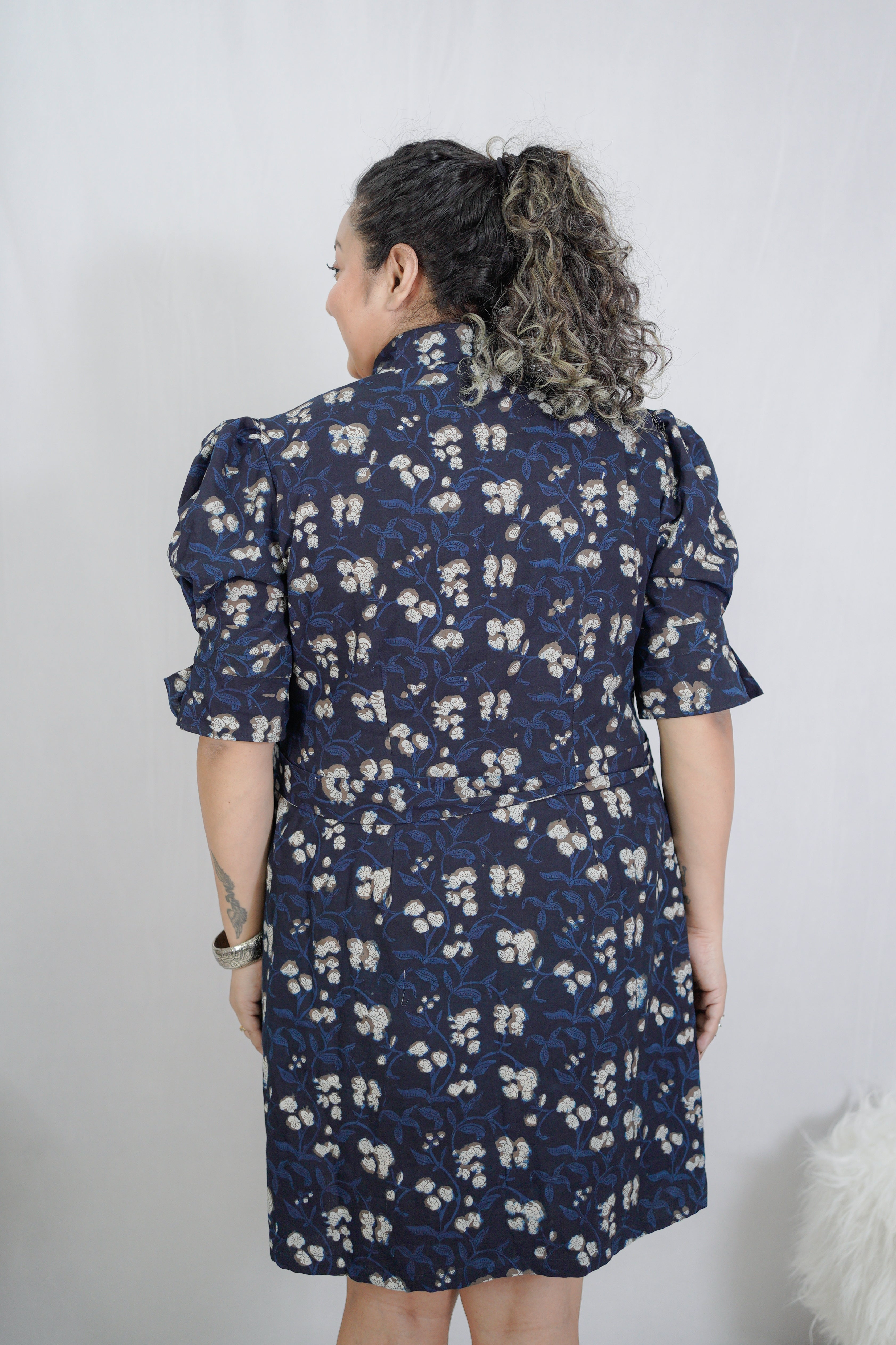 Dark Bue Bagru Handblock Printed Shirt Style Dress