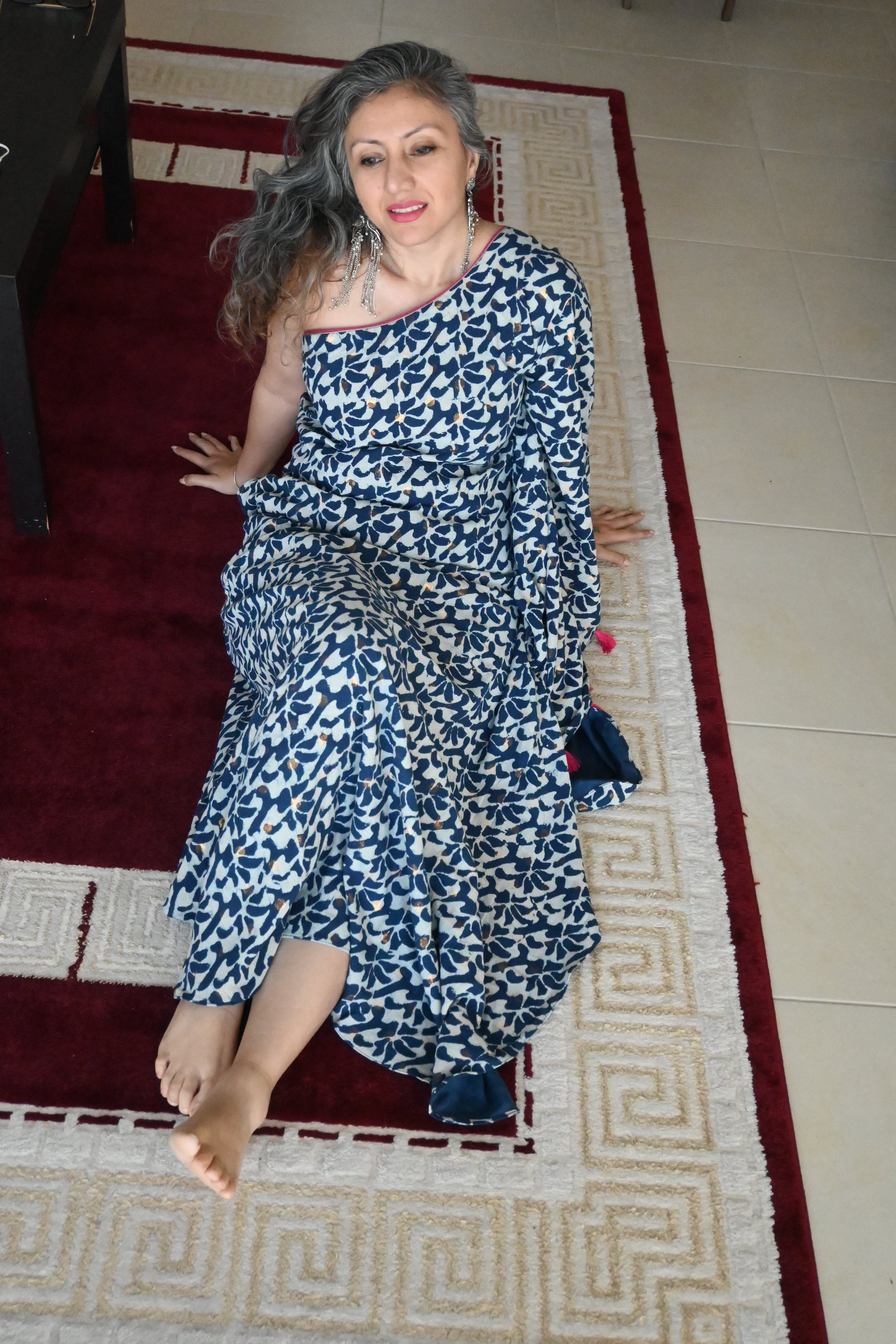 Indigo Handblock printed One Shoulder Kaftan Maxi Dress