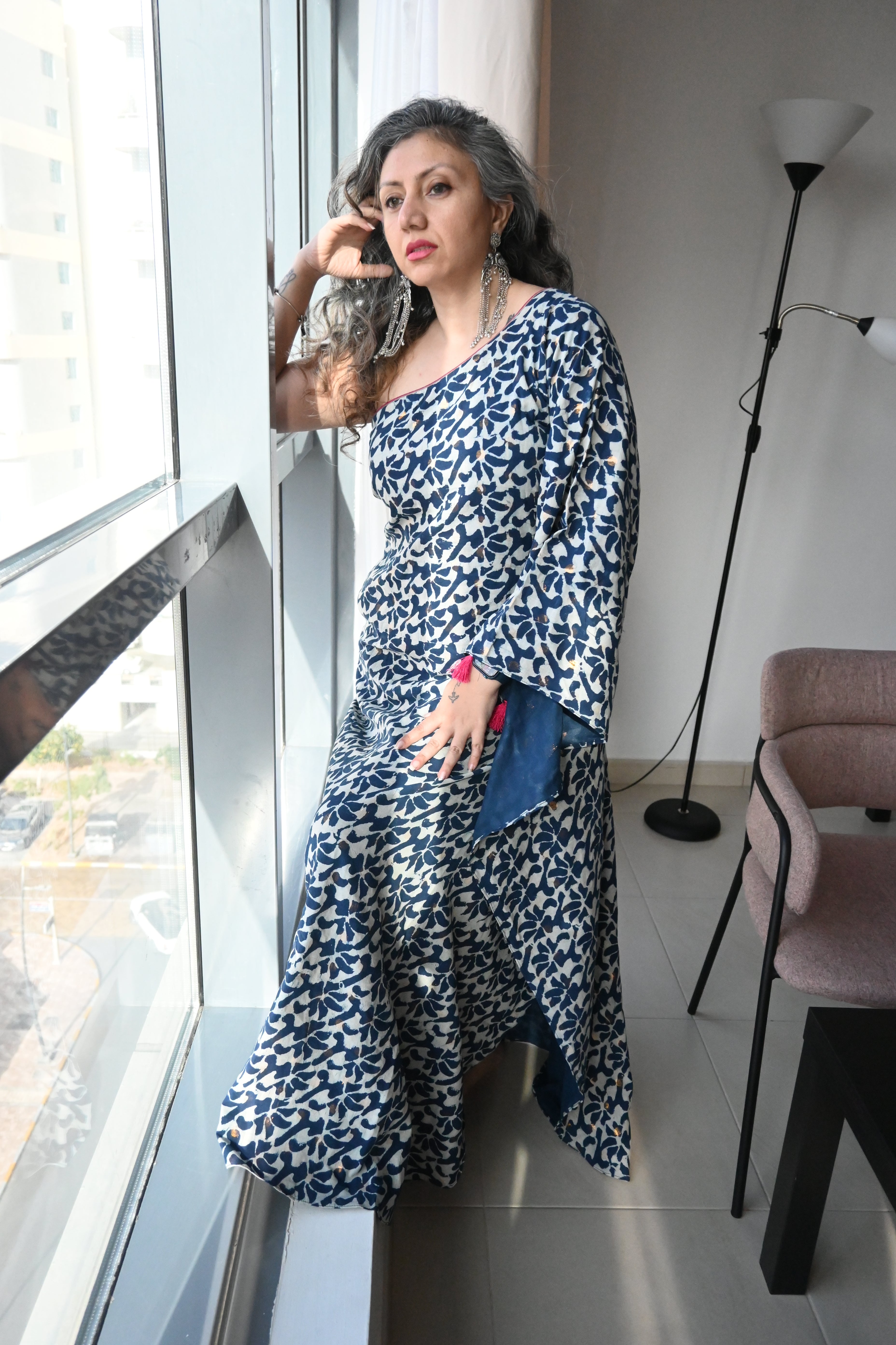 Indigo Handblock printed One Shoulder Kaftan Maxi Dress