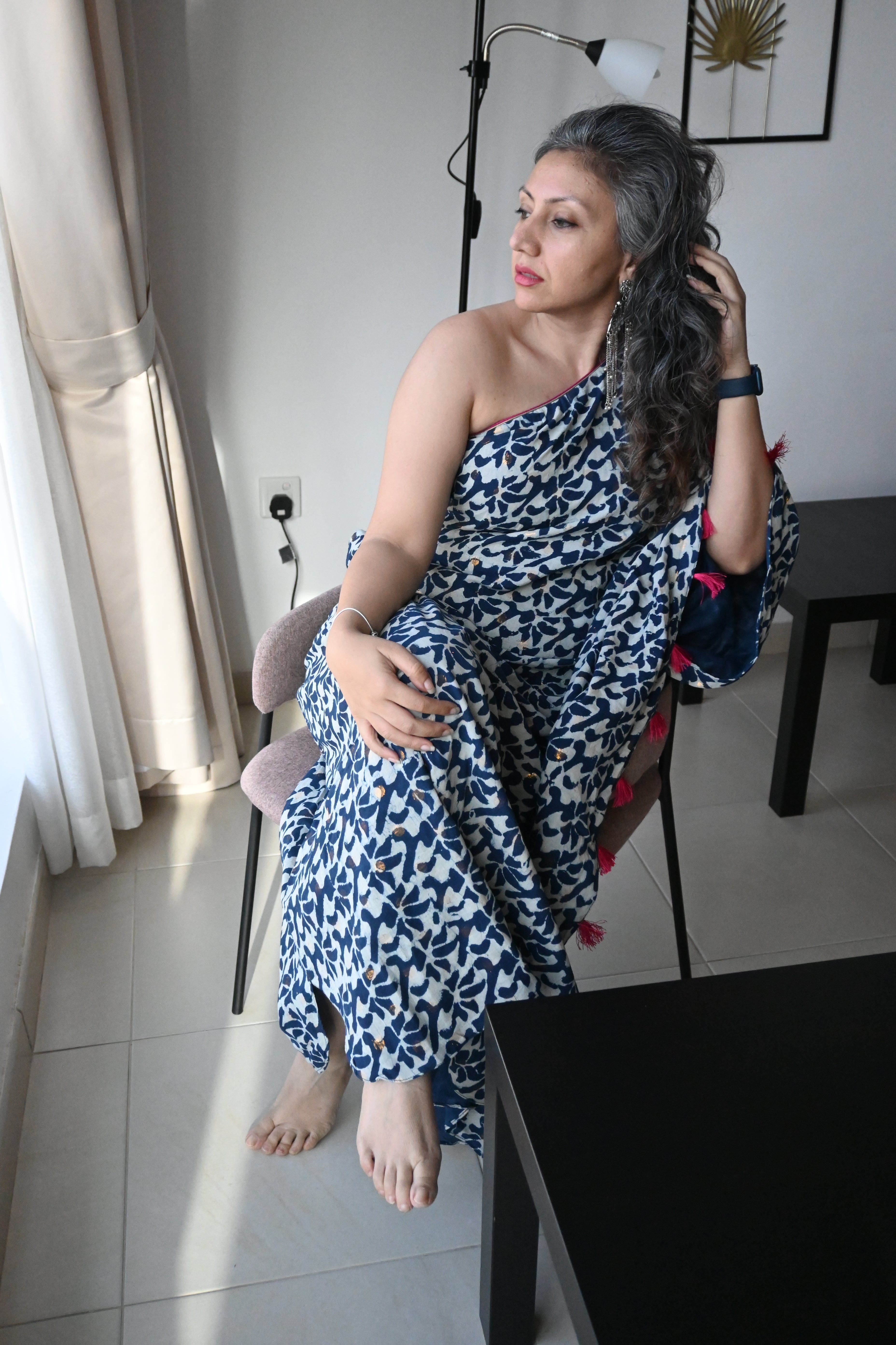 Indigo Handblock printed One Shoulder Kaftan Maxi Dress