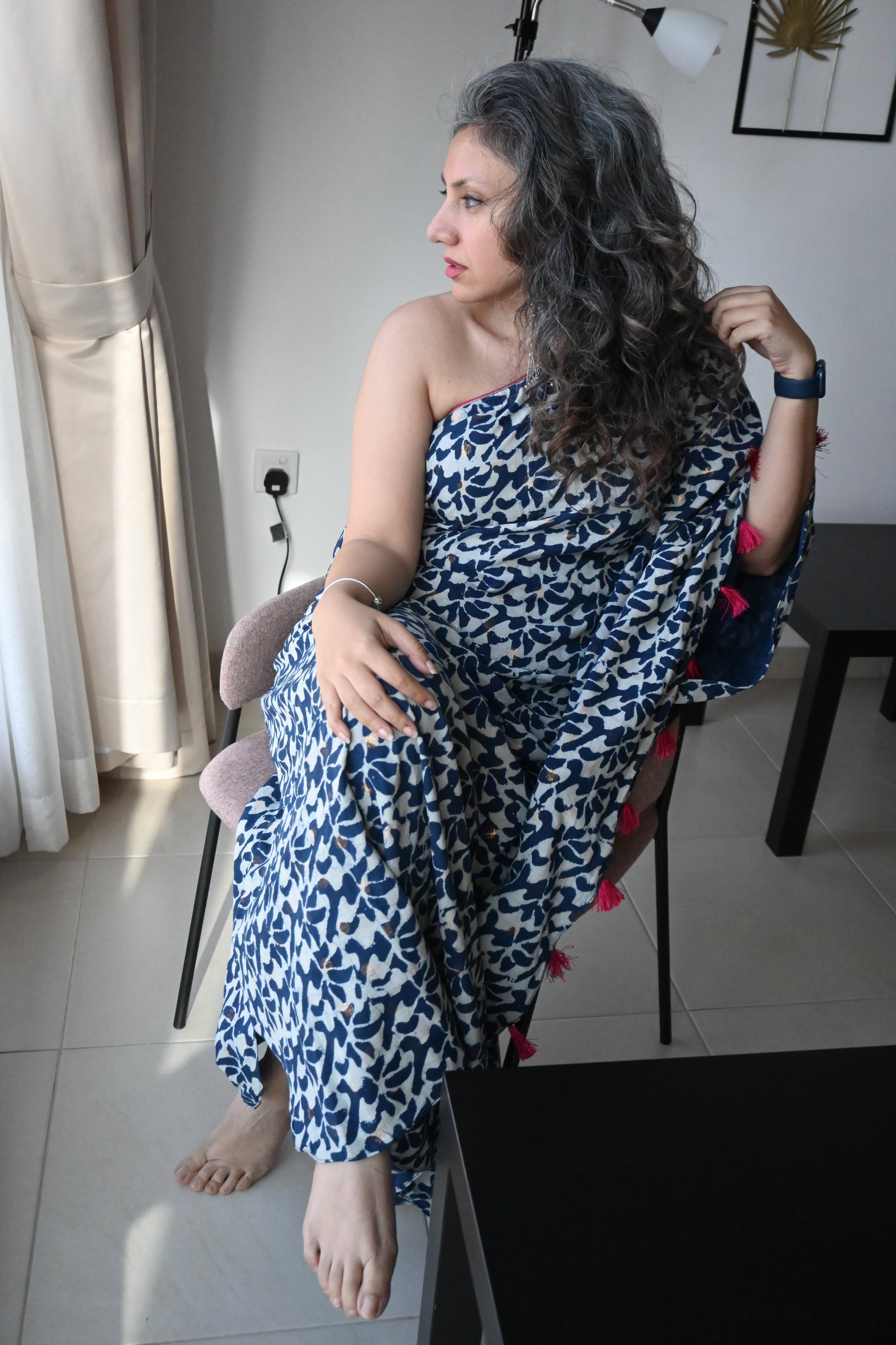 Indigo Handblock printed One Shoulder Kaftan Maxi Dress