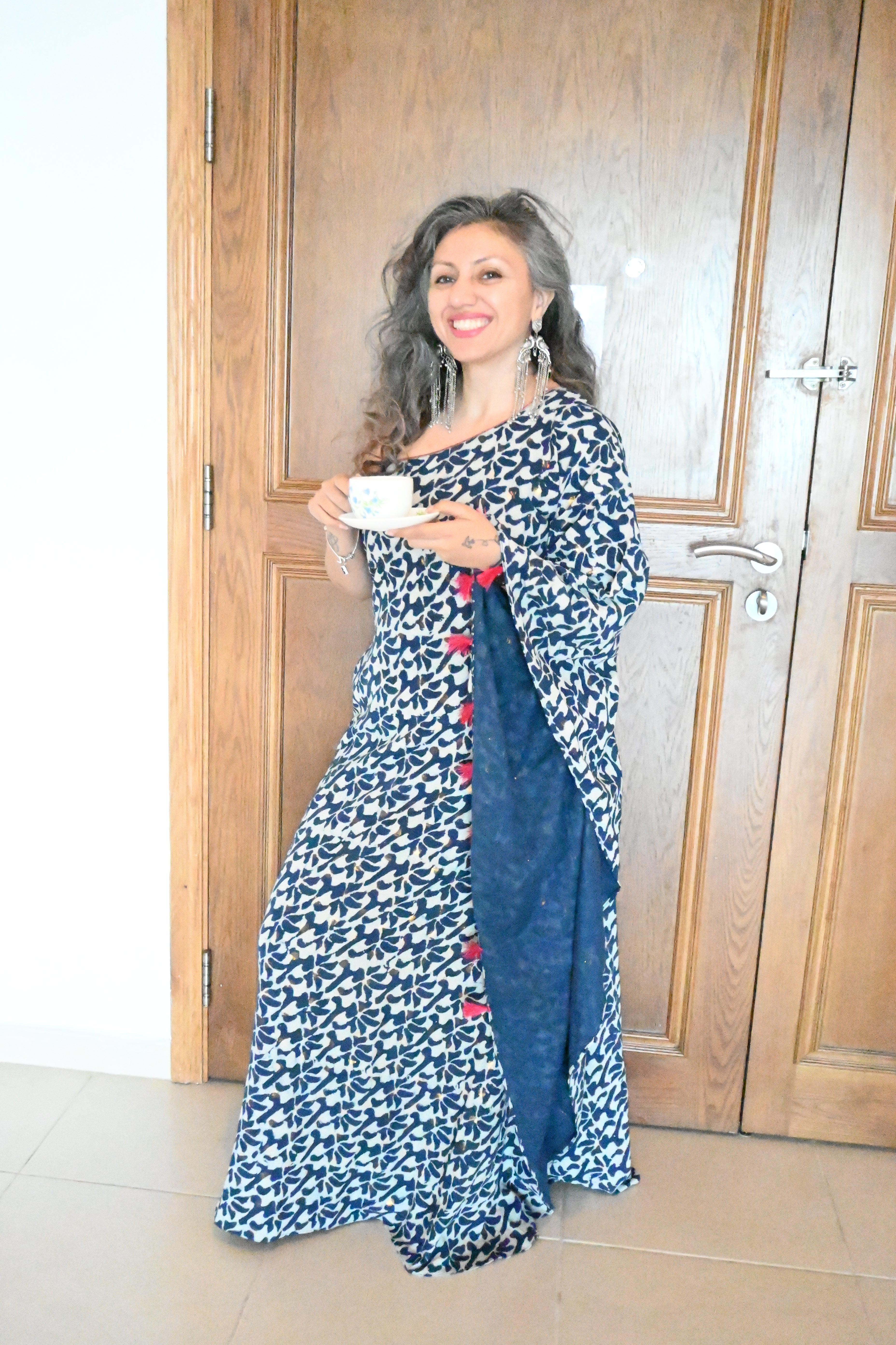 Indigo Handblock printed One Shoulder Kaftan Maxi Dress