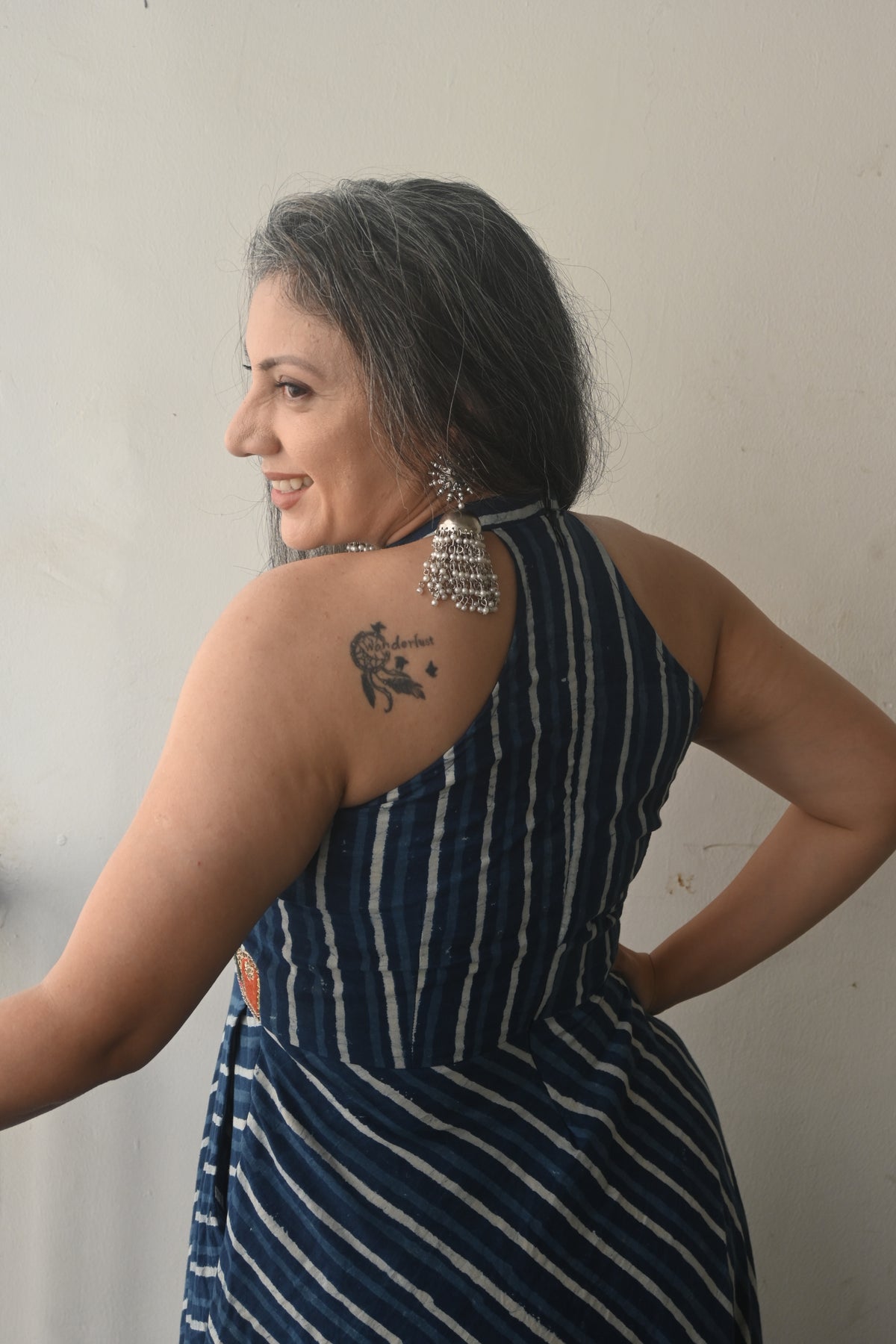 Indigo Dabu Handblock Printed Halter Maxi Cotton Dress