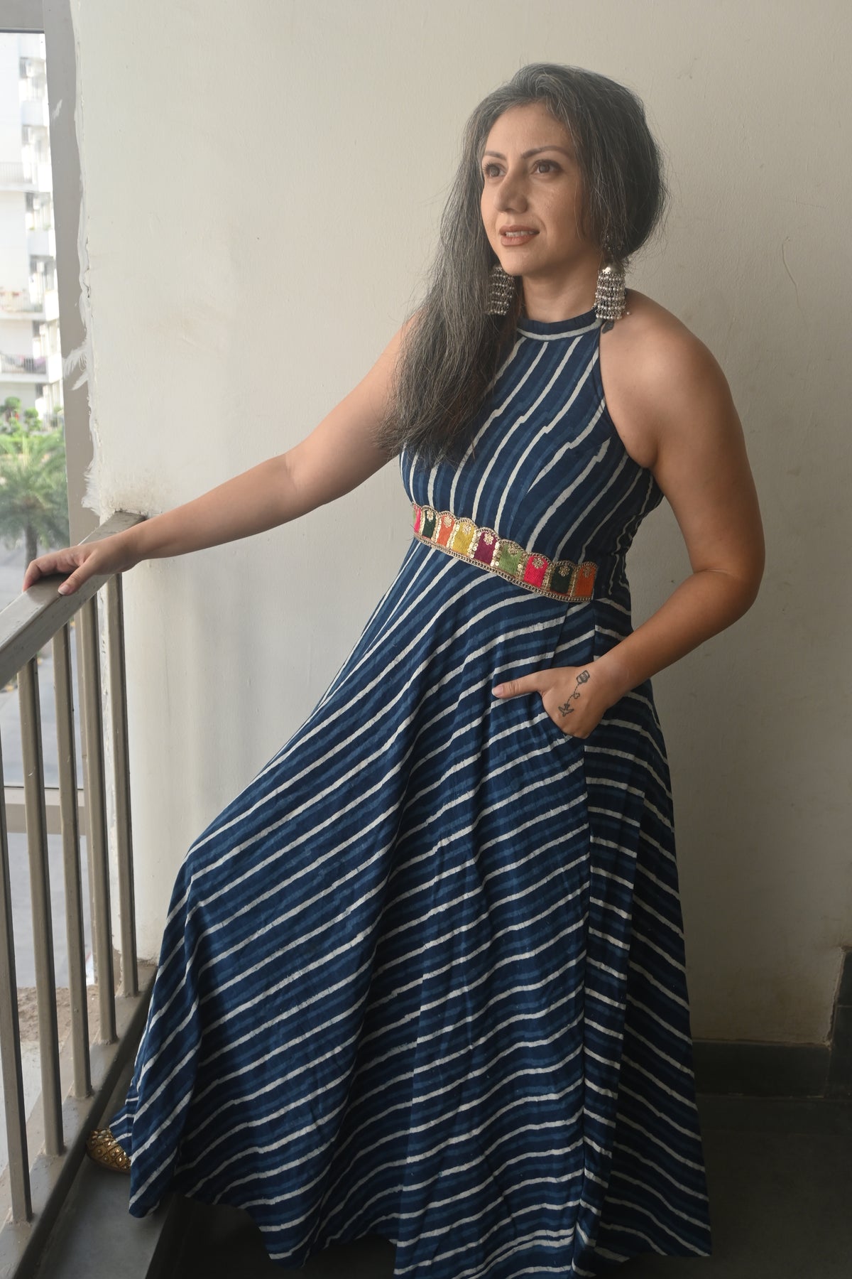 Indigo Dabu Handblock Printed Halter Maxi Cotton Dress