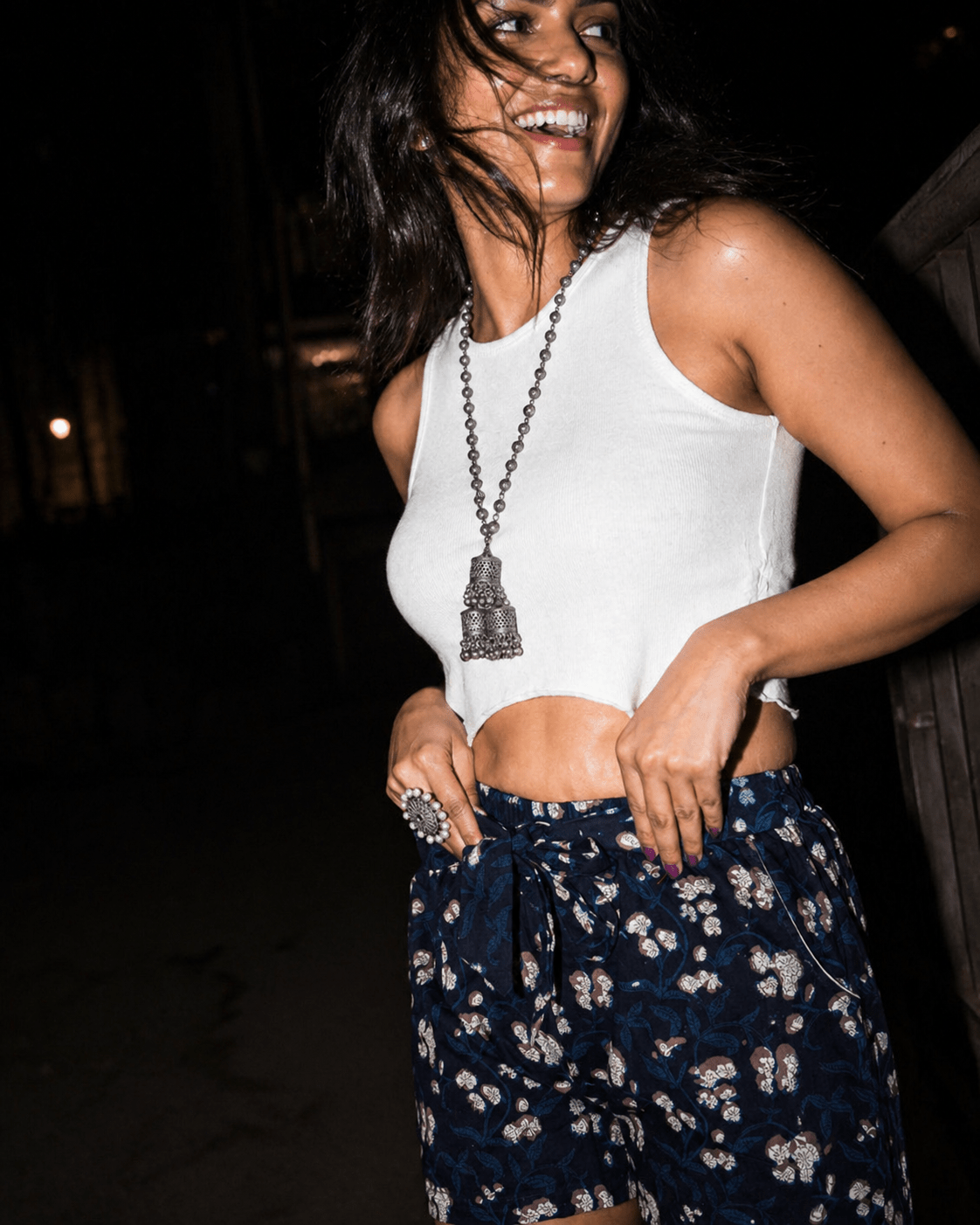 Dark blue bagru floral cotton shorts -Shorts