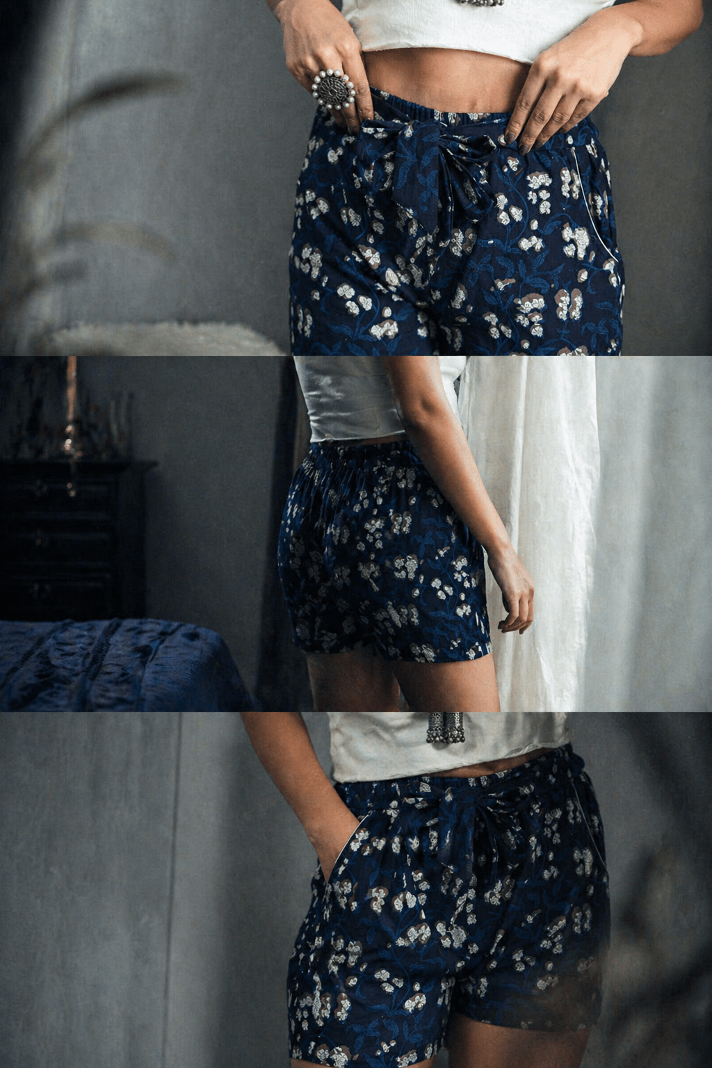 Dark blue bagru floral cotton shorts -Shorts