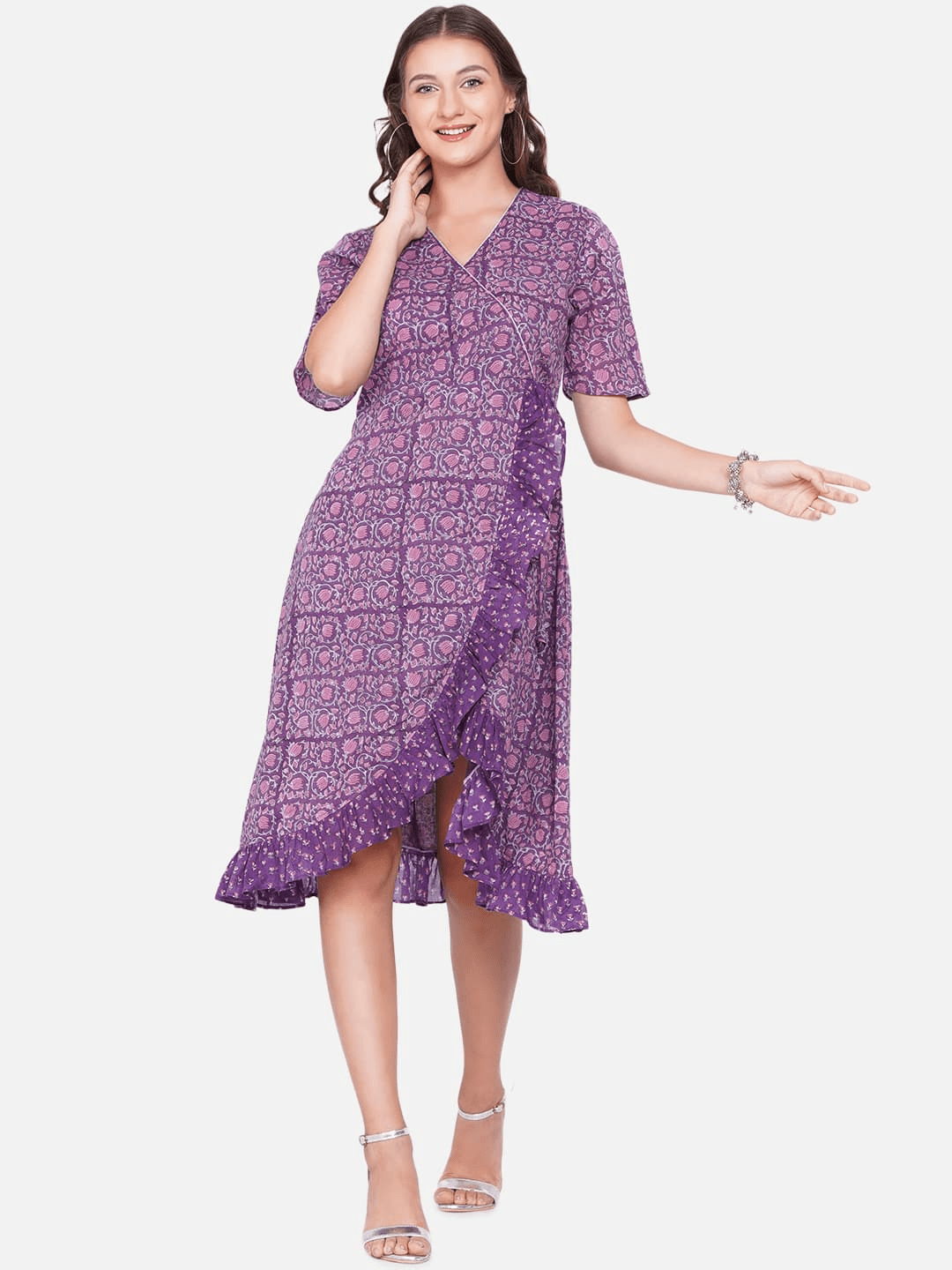 Purple Sanganeri Handblock Printed Wrap Style Cotton Dress -Clothing