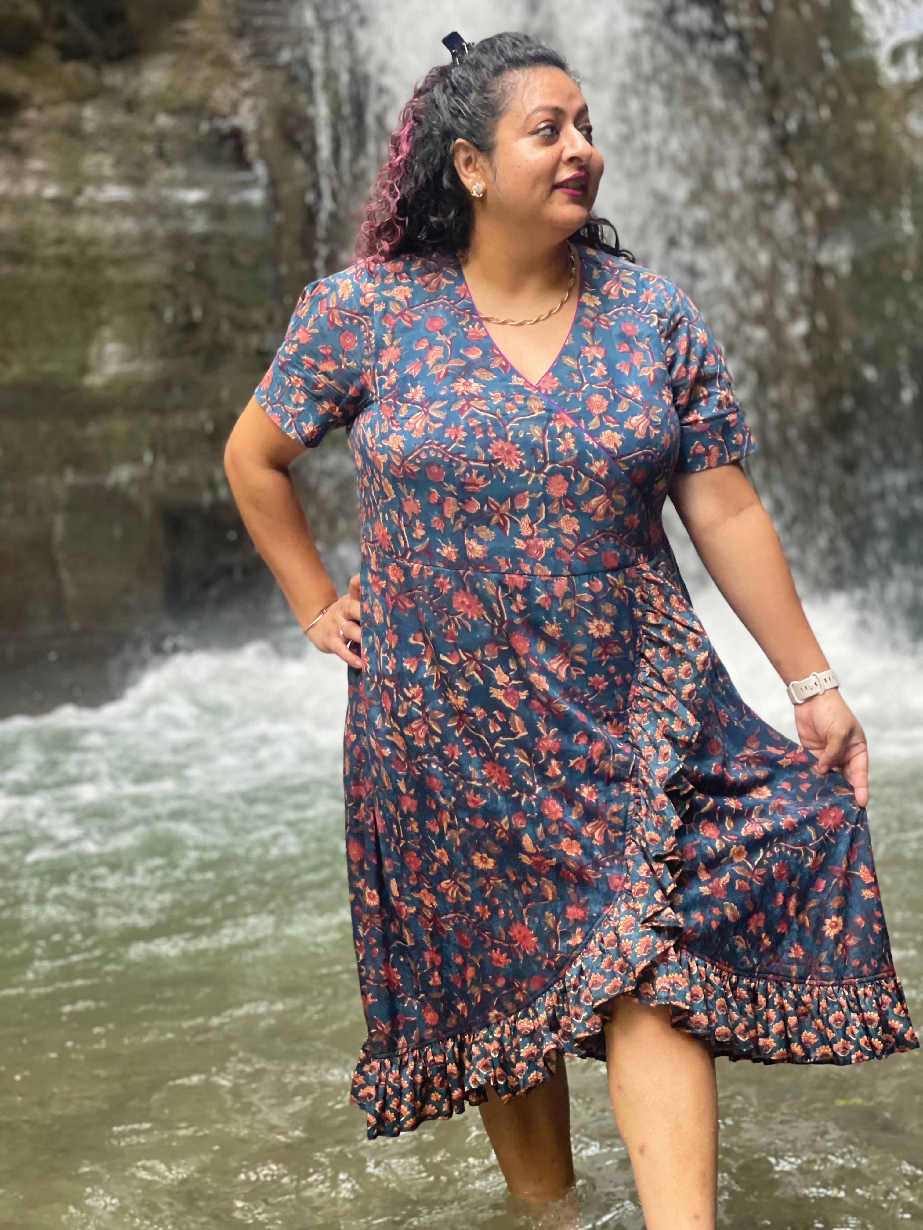 Sea Green Sanganeri Handblock Printed Wrap Dress