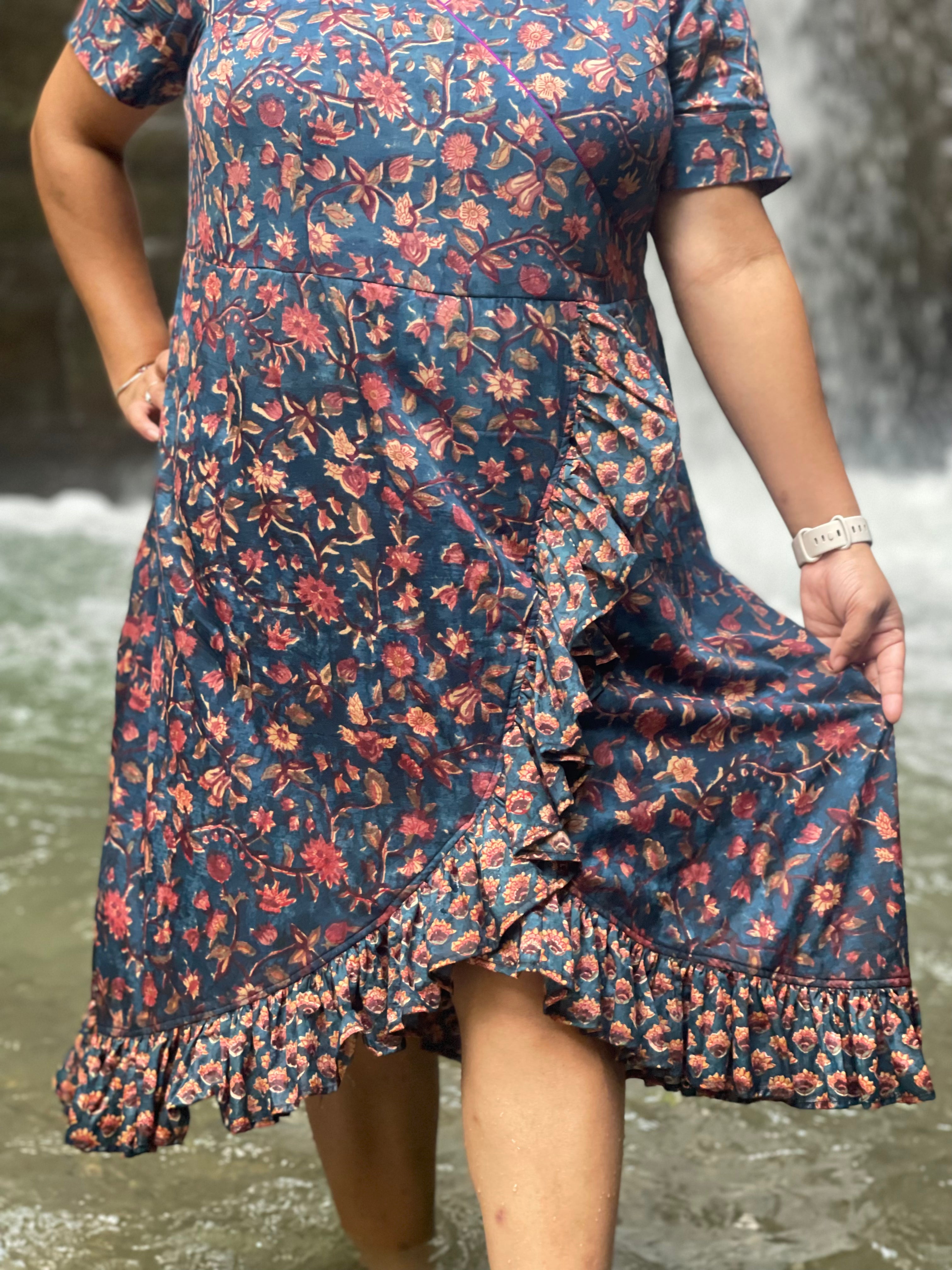 Sea Green Sanganeri Handblock Printed Wrap Dress