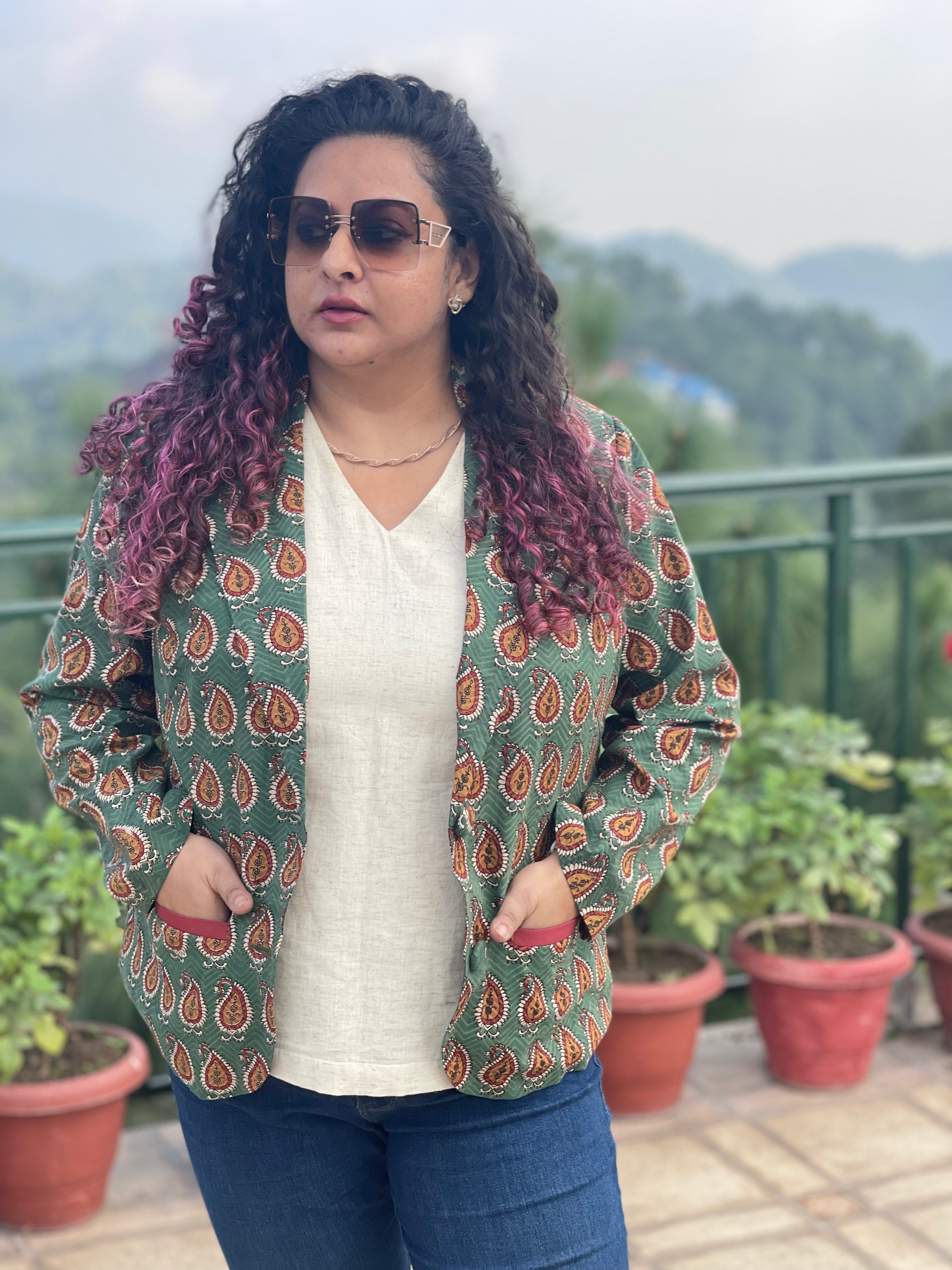 Forest Spice- GREEN BAGRU PAISLEY HANDBLOCK PRINTED COTTON BLAZER