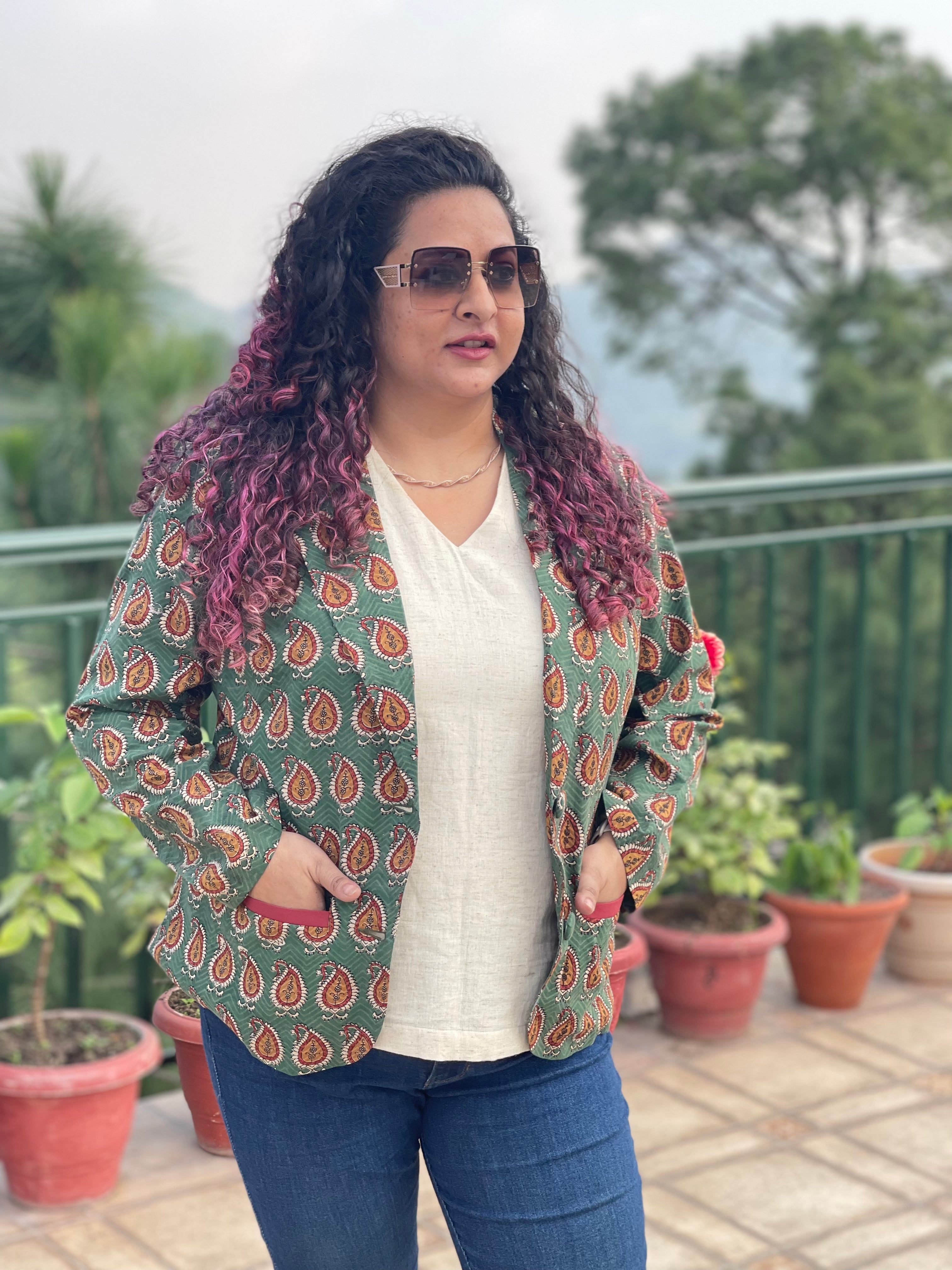 Forest Spice- GREEN BAGRU PAISLEY HANDBLOCK PRINTED COTTON BLAZER