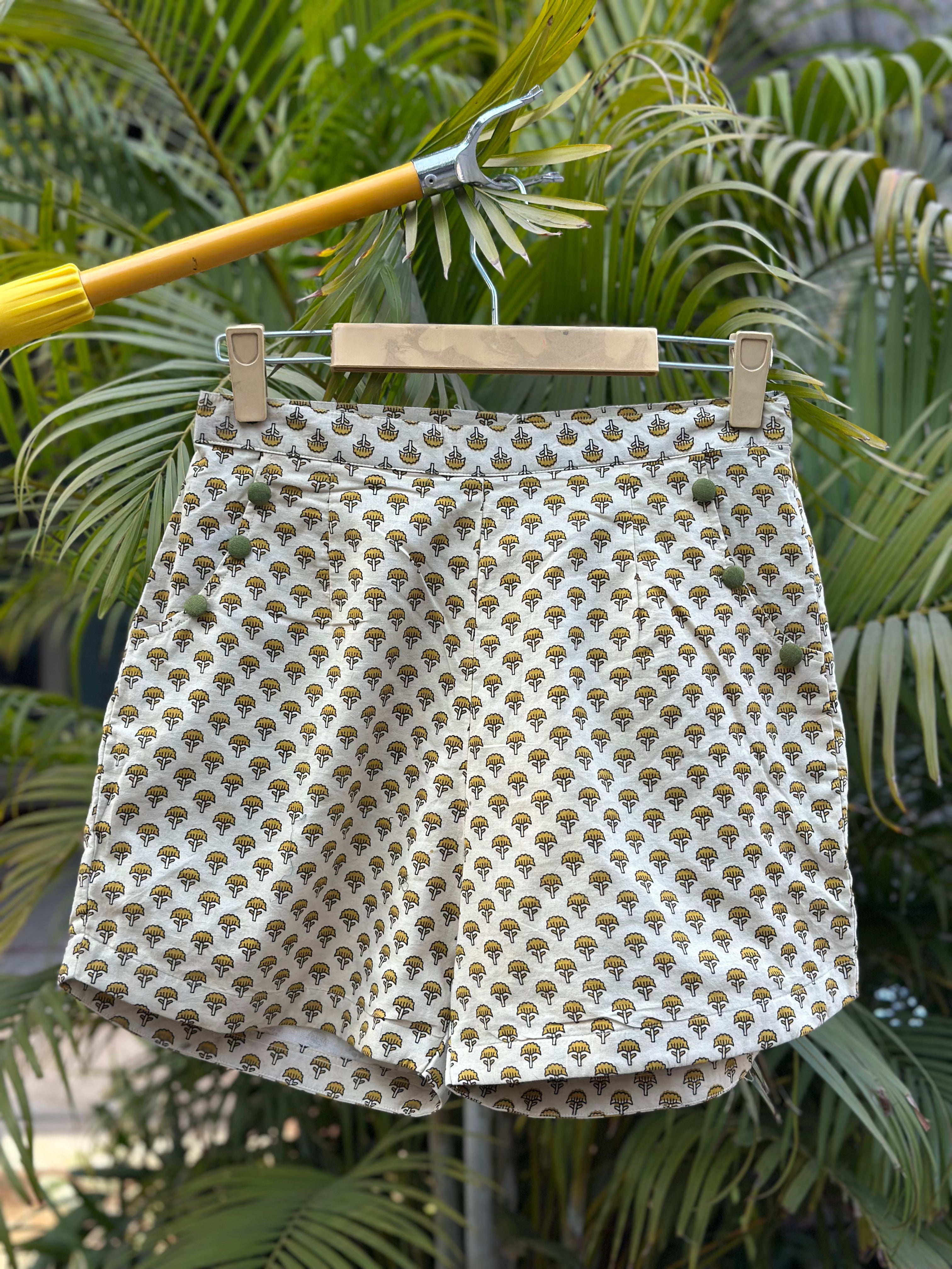 Rustic bloom -Bagru Booti Handblock Print Cotton Shorts