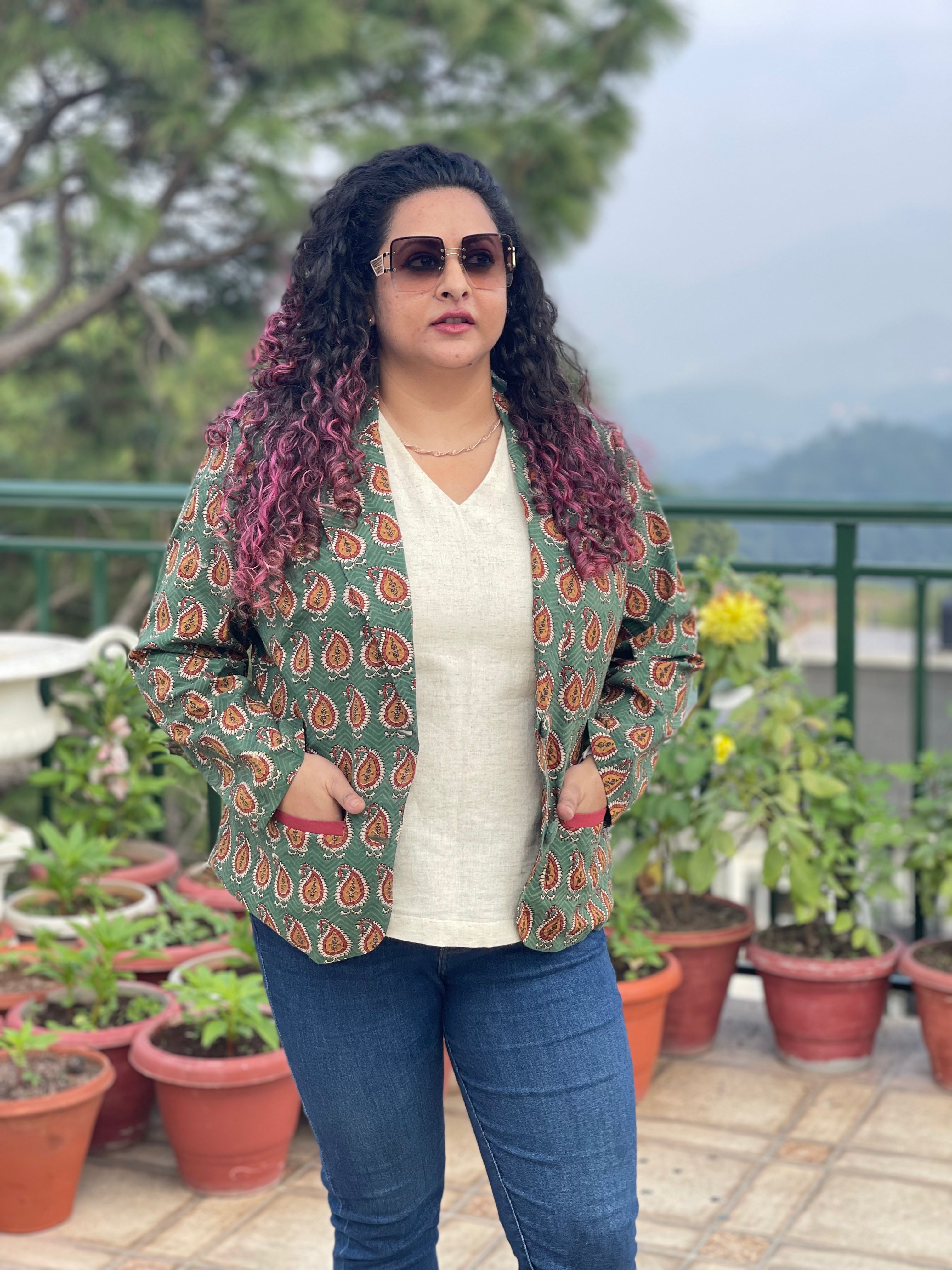 Forest Spice- GREEN BAGRU PAISLEY HANDBLOCK PRINTED COTTON BLAZER