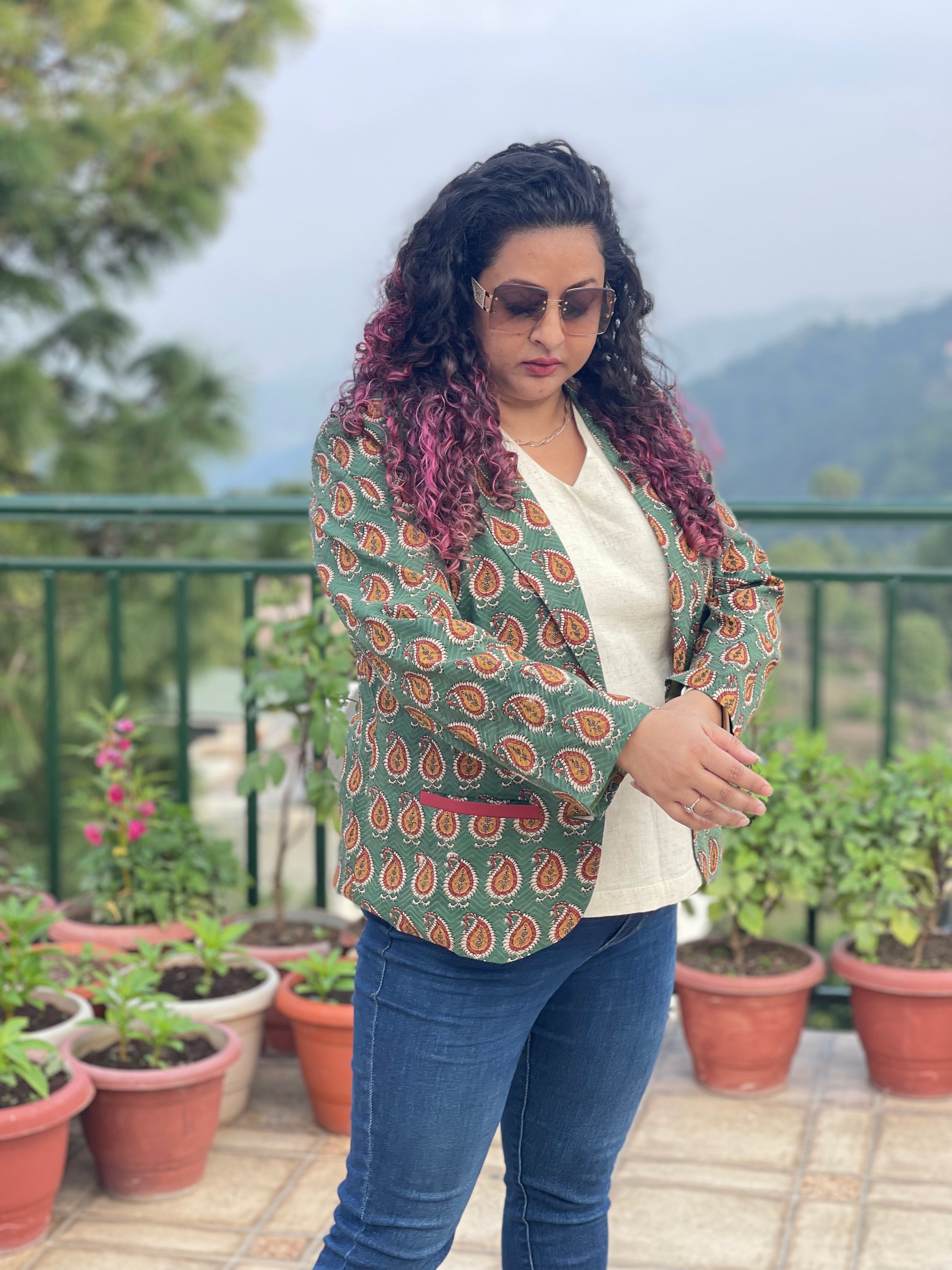Forest Spice- GREEN BAGRU PAISLEY HANDBLOCK PRINTED COTTON BLAZER