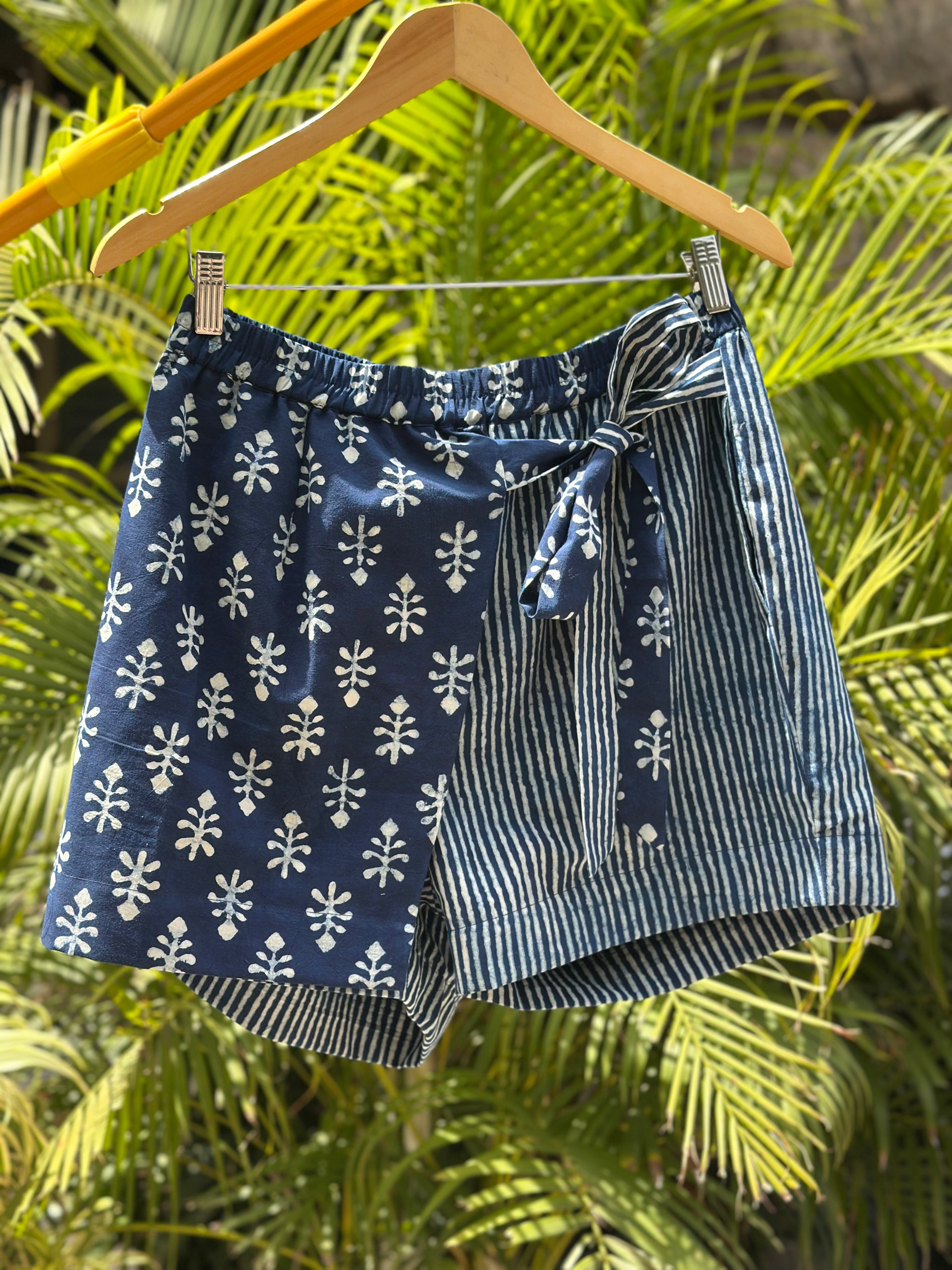 Indigo Dabu Booti and Stripe Overlap Style Cotton Shorts