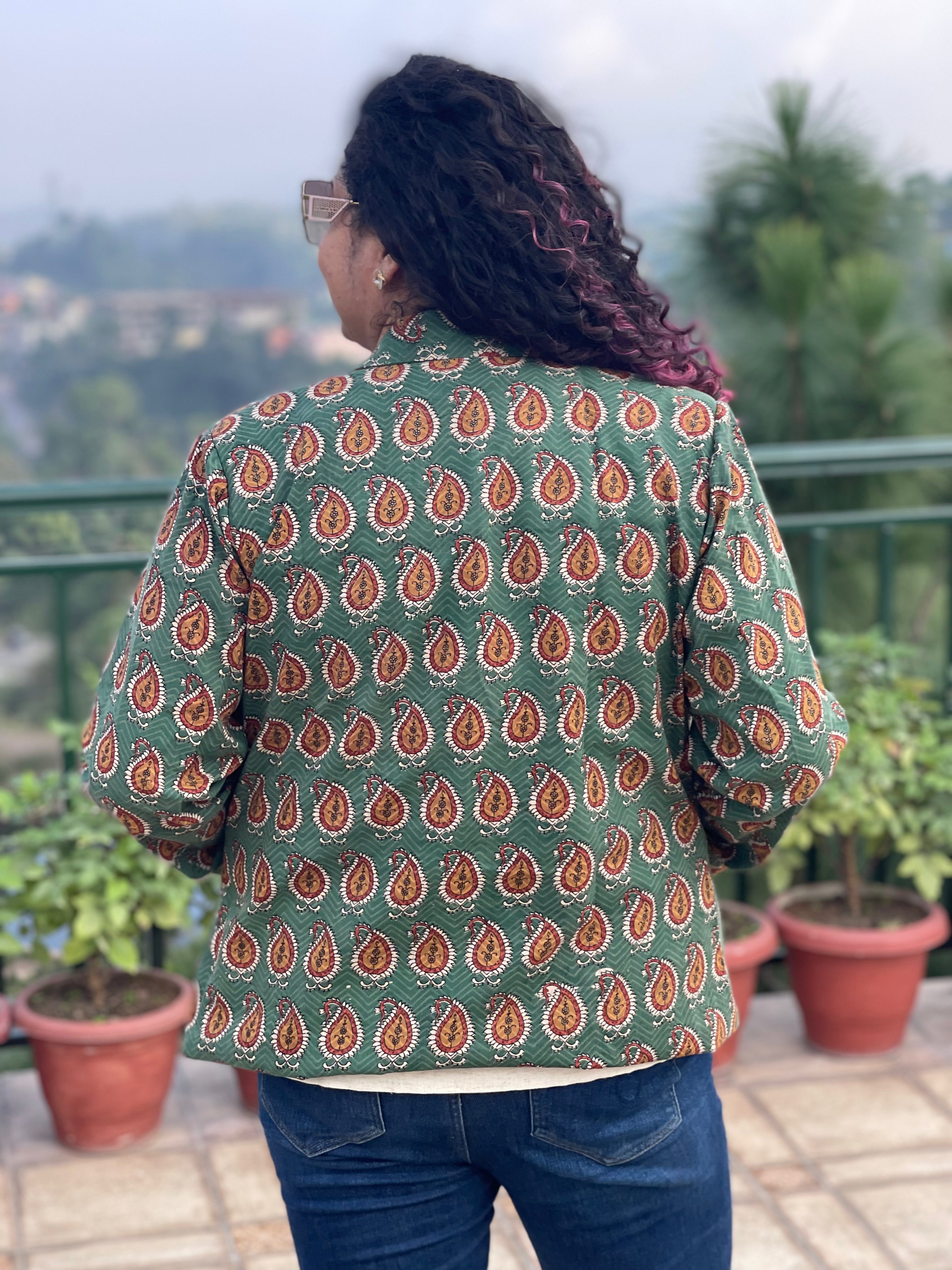 Forest Spice- GREEN BAGRU PAISLEY HANDBLOCK PRINTED COTTON BLAZER